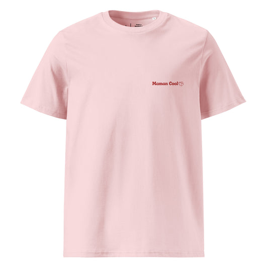 t-shirt rose col rond manche courte 100% coton bio avec inscription brodé "maman cool"