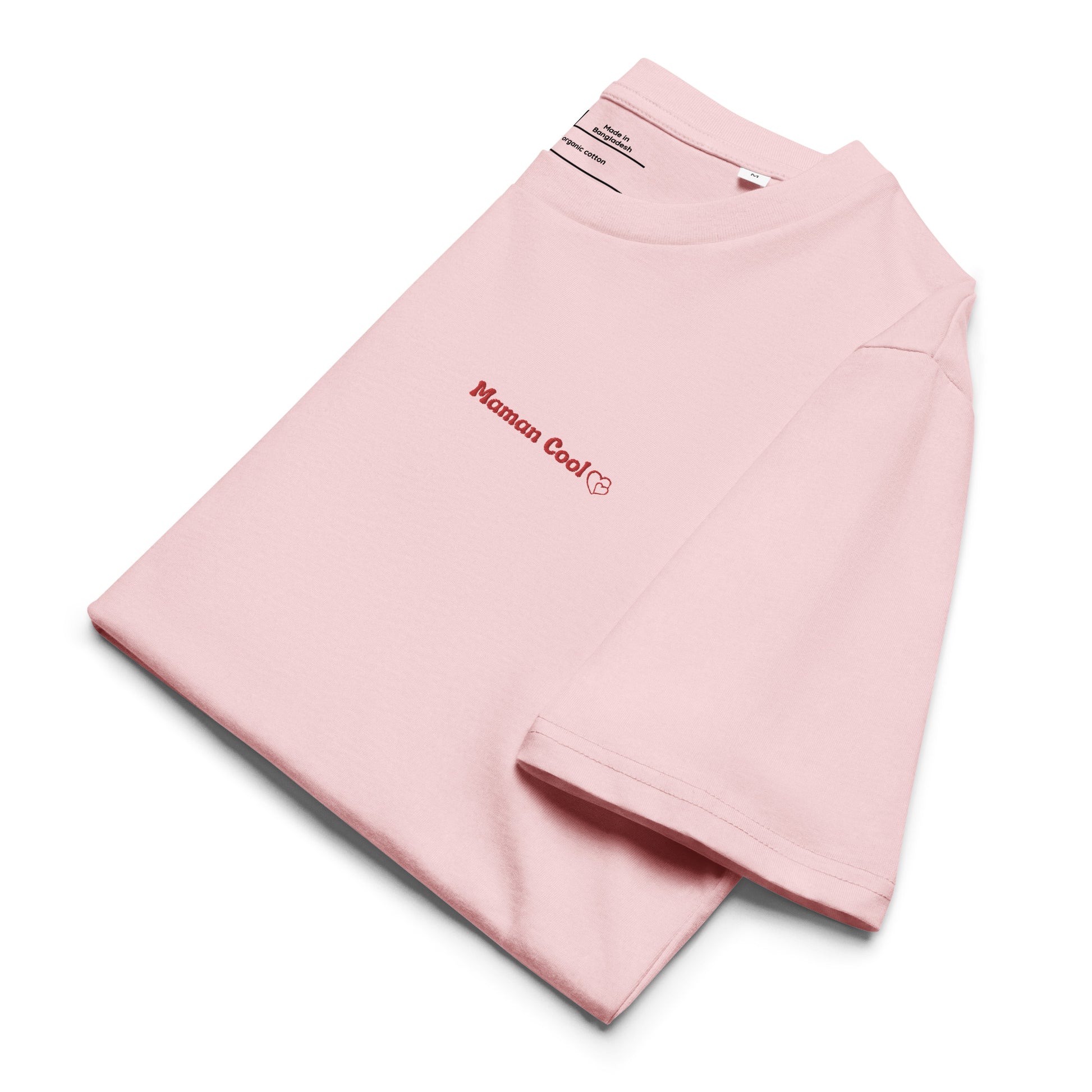 t-shirt rose col rond manche courte 100% coton bio avec inscription brodé "maman cool"
