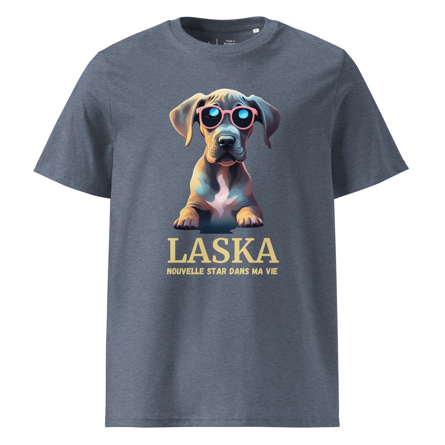 T-shirt adulte manche courte col rond de couleur gris avec comme dessin un dogue allemand, il est personnalisable avec le nom de votre chien, il y a aussi écrit en dessous de l'emplacement du nom du chien nouvelle star dans ma vie
