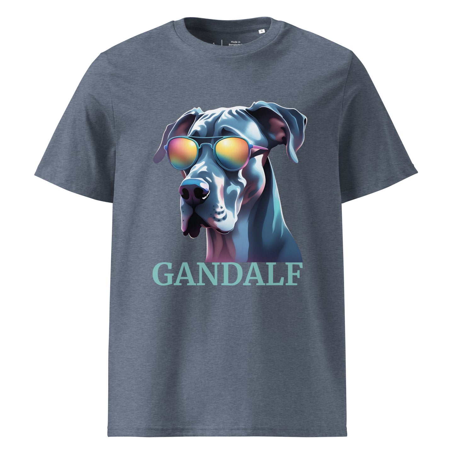 T-shirt adulte manche courte col rond de couleur gris avec comme dessin un dogue allemand qui a des lunettes de soleil, il est personnalisable avec le nom de votre chien