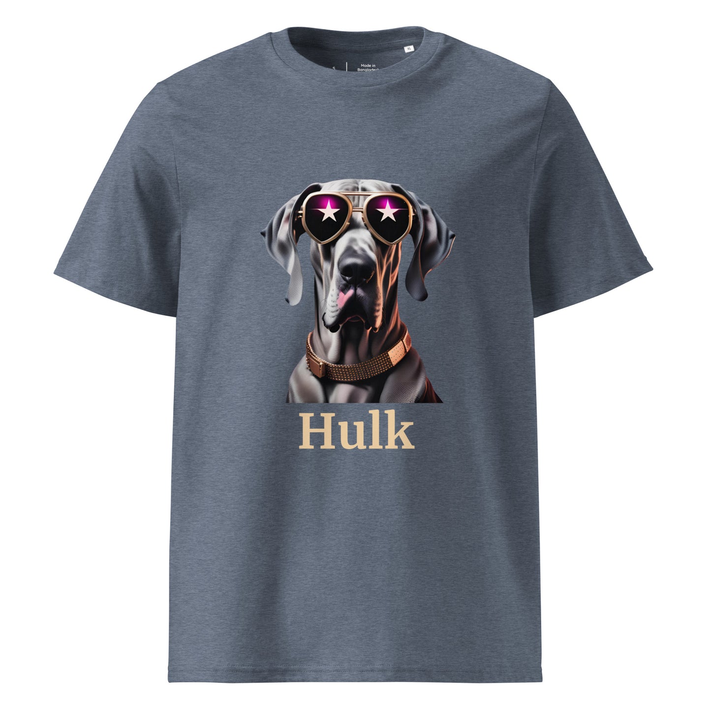 t-shirt de couleur gris col rond manche courte dessin de dogue allemand avec des lunettes de soleil stylé et un collier en cuivre personnalisation avec le nom de votre dogue en dessous du dessin