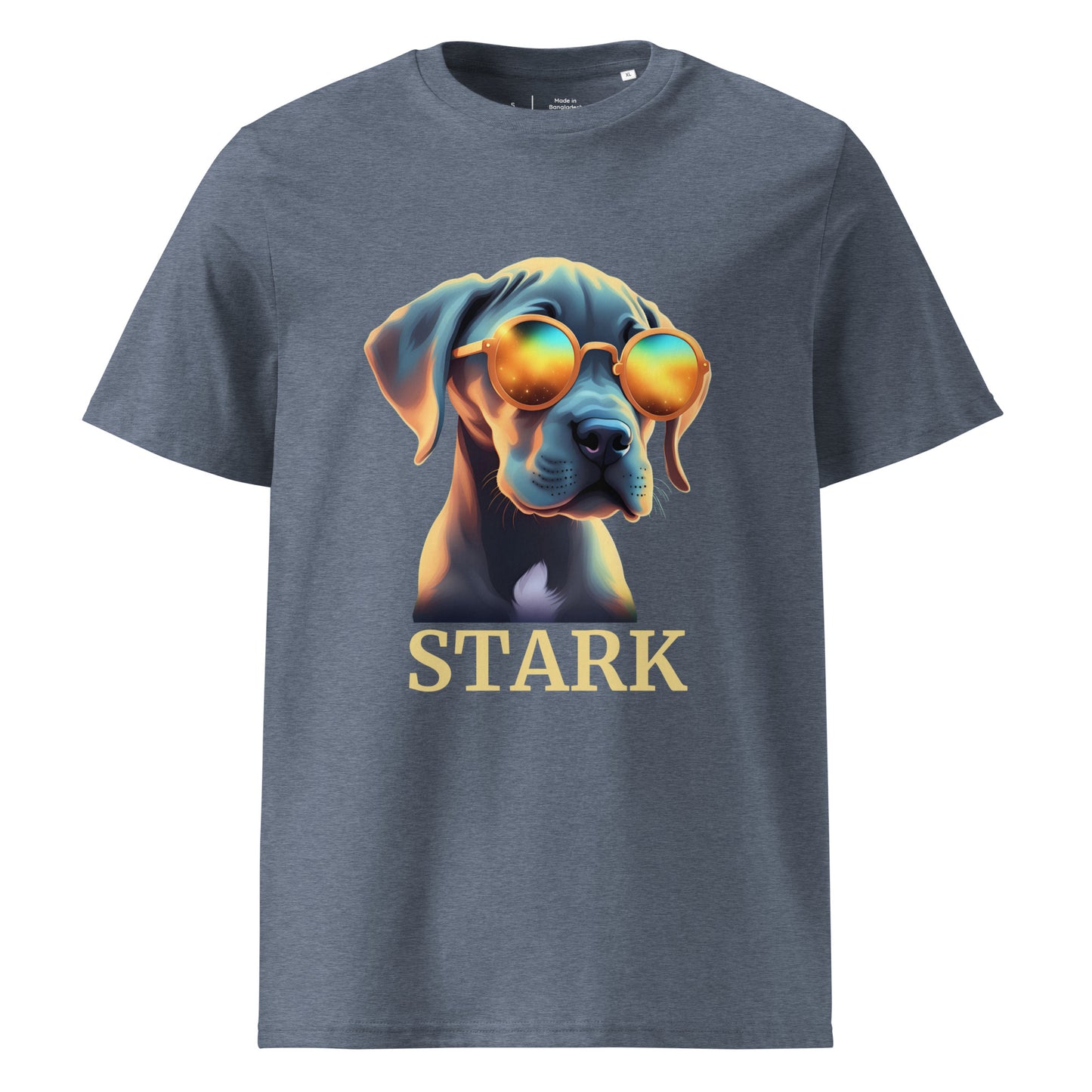 T-shirt de couleur gris manche courte 100% coton bio avec comme dessin un bébé dogue allemand avec des lunettes avec personnalisation de mettre le nom de votre propre dogue