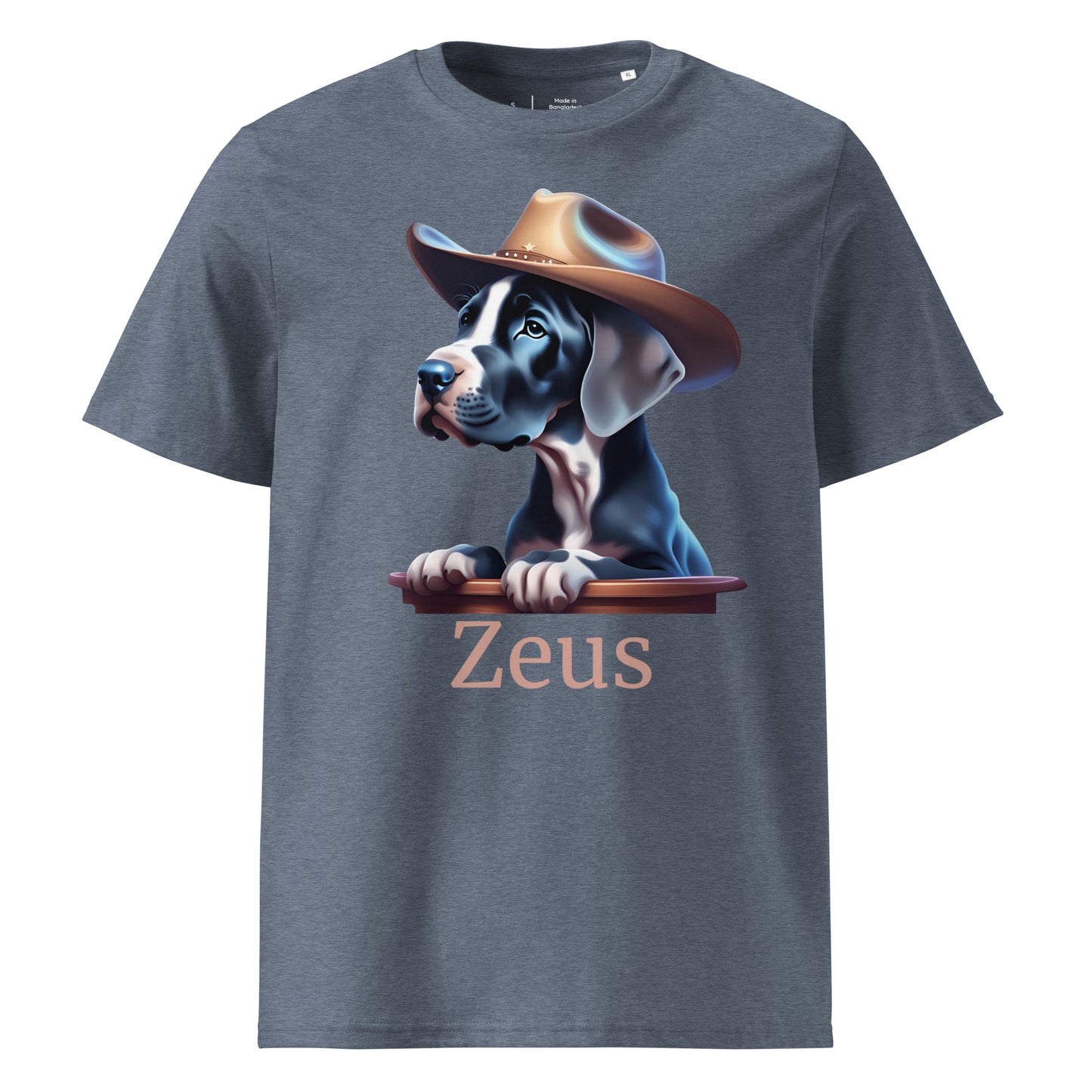 T-shirt gris en 100% coton bio avec manche courte et col rond avec un dessin de bébé dogue allemand avec un chapeau de cowboy avec personnalisation du nom de votre dogue