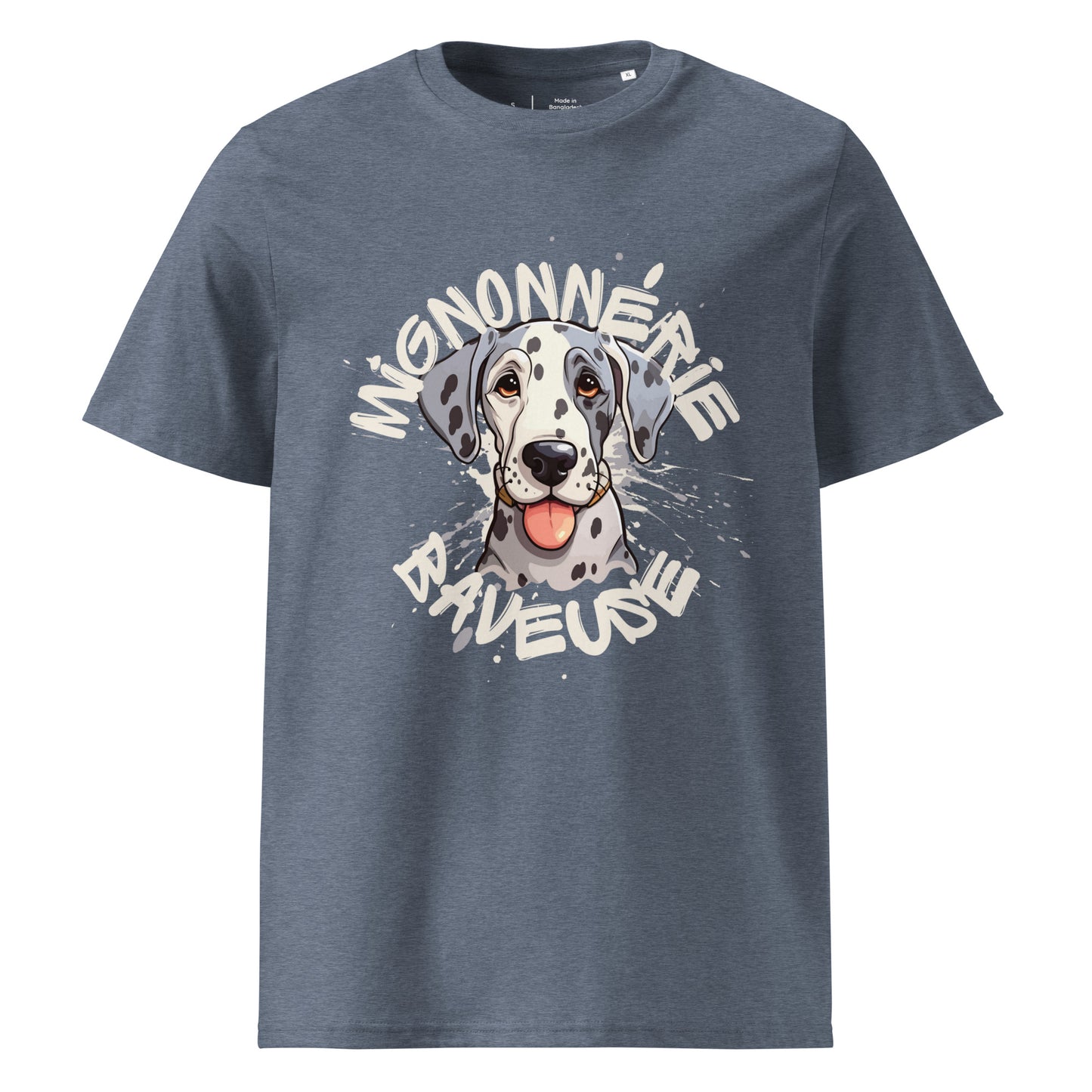 T-shirt de couleur gris encolure ronde et manche courte en 100% coton bio avec un dessin de Dogue Allemand Arlequin Avec écrit "Mignonnerie Baveuse"