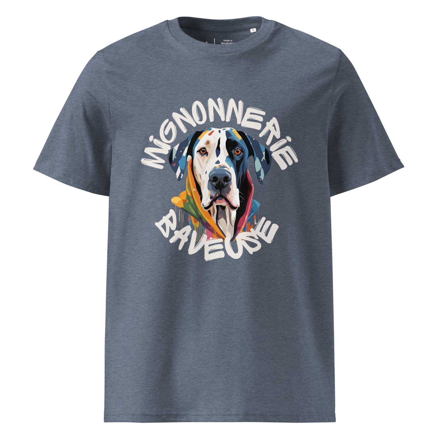 T-shirt couleur gris col rond manche courte 100% coton avec écriture "Mignonnerie Baveuse" autour d'un dessin de dogue allemand arlequin ou boston