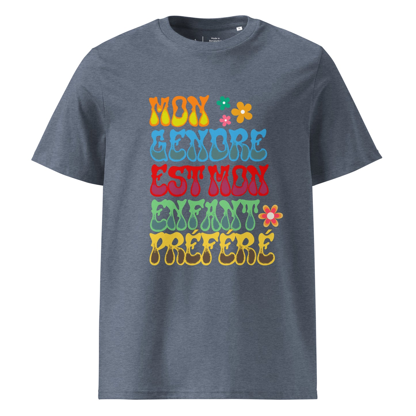 t-shirt de couleur gris bleu 100% coton bio encolure ronde manche courte avec inscription colorée "mon gendre est mon enfant préféré"