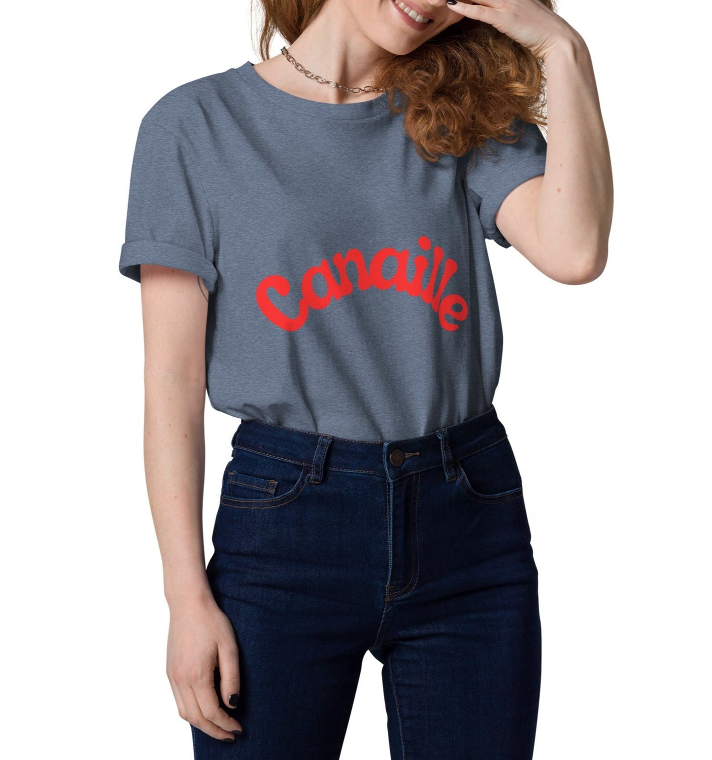 t-shirt unisexe gris bleu col rond manche courte avec inscription : "Canaillou"