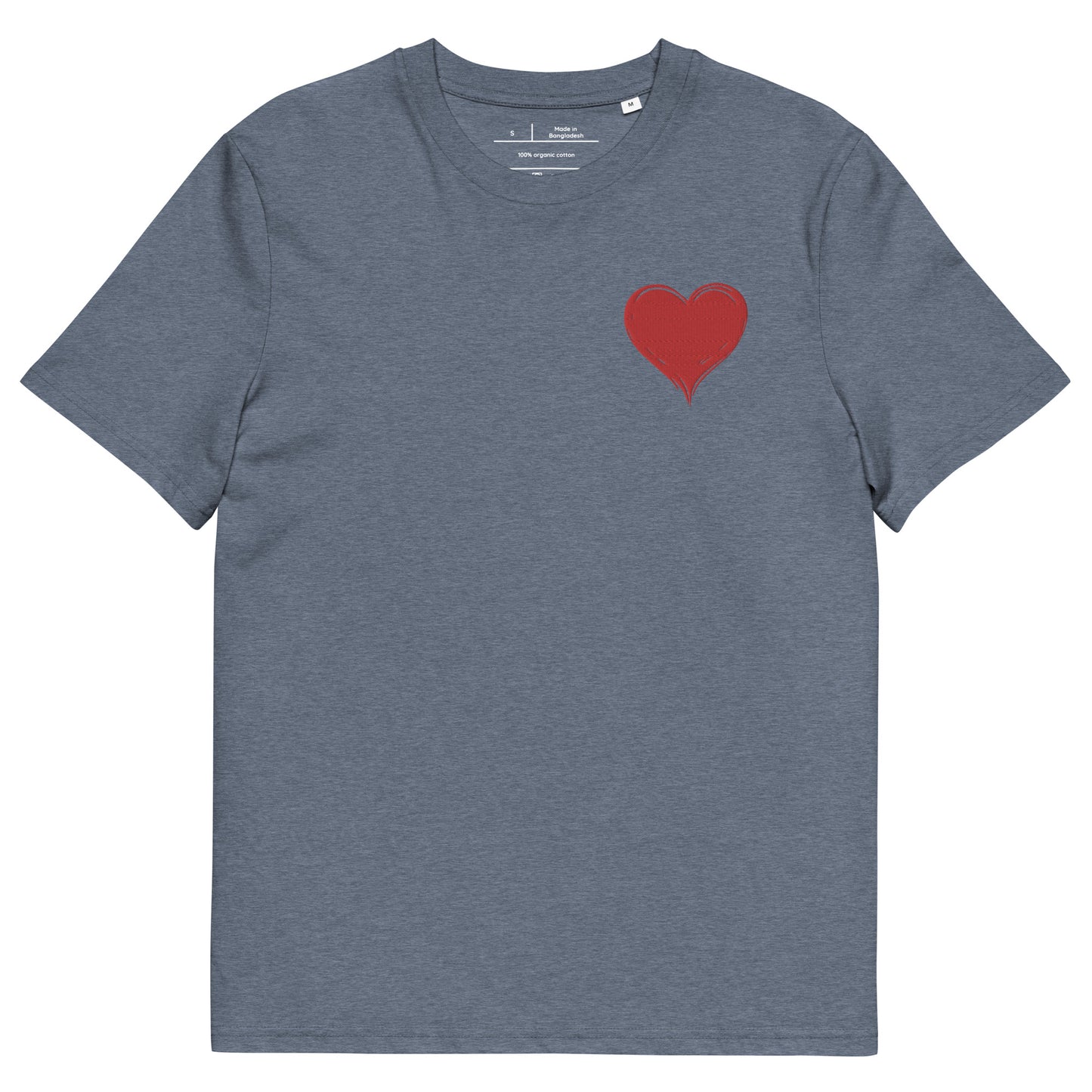 t-shirt gris bleu col rond manche courte 100% coton bio avec un cœur rouge brodé