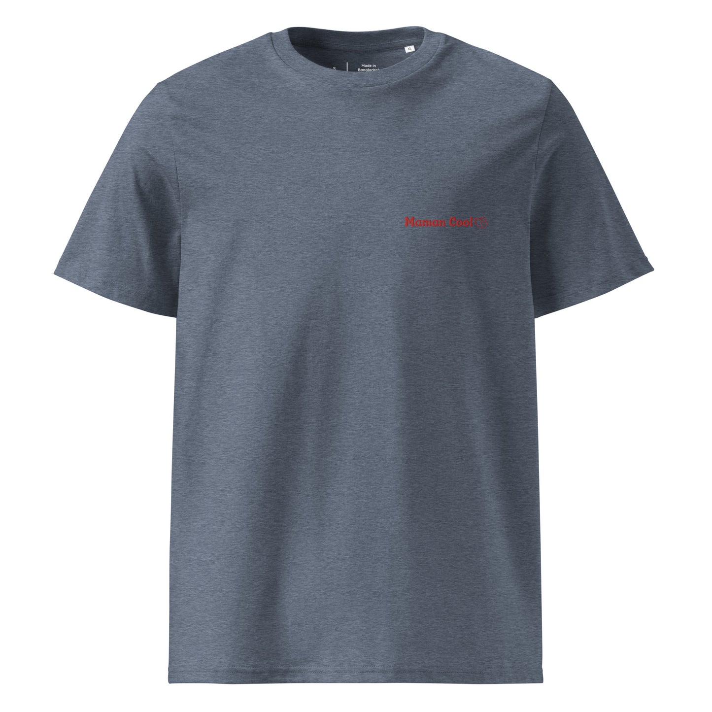 t-shirt gris bleu col rond manche courte 100% coton bio avec inscription brodé "maman cool"