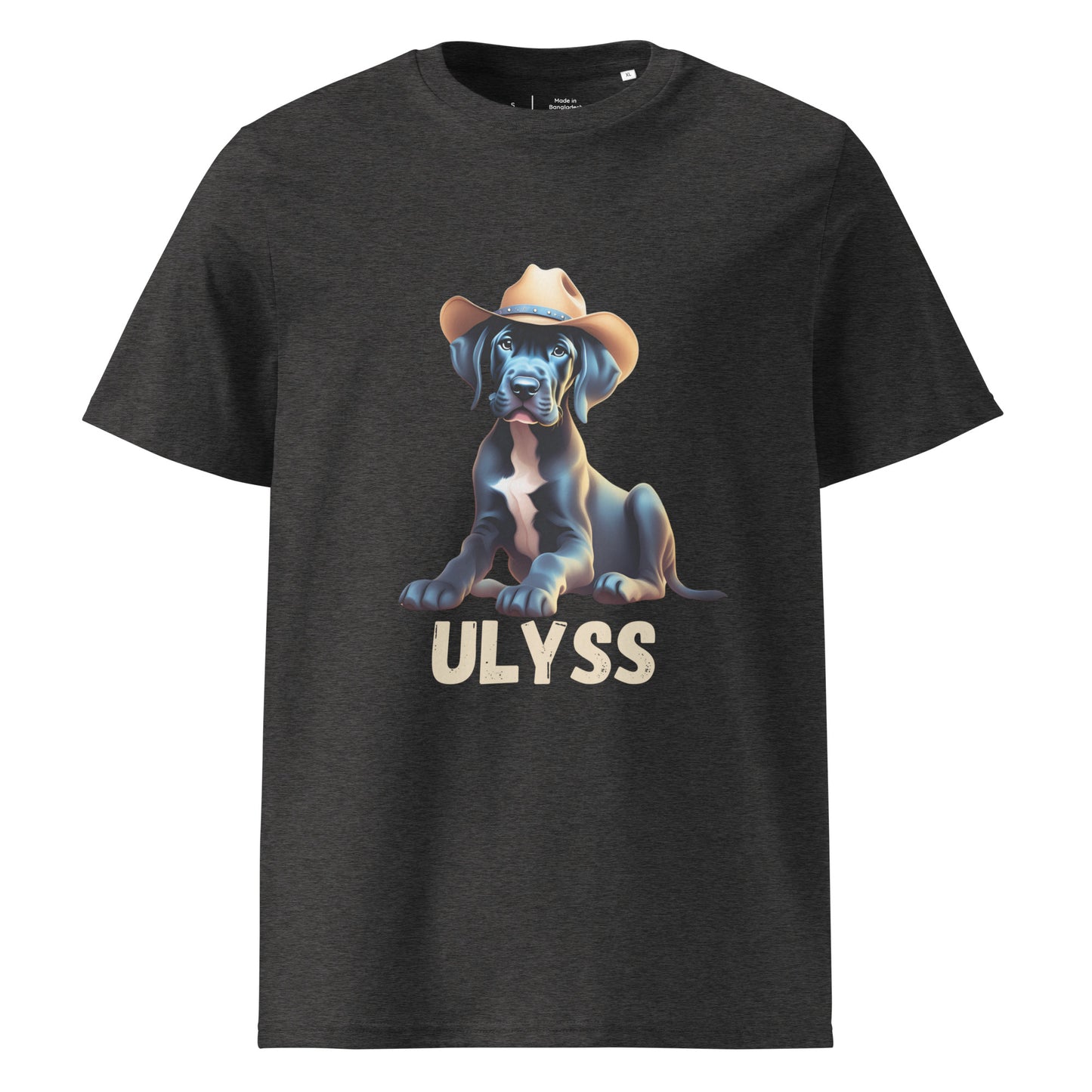 t-shirt de couleur gris foncé chiné col rond mache courte en 100% coton bio avec un dessin de bébé dogue allemand avec un chapeau de cowboy sur la tête avec comme personnalisation le nom de votre dogue en dessous du dessin