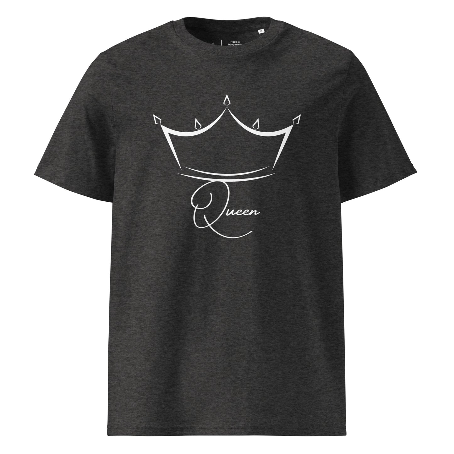 t-shirt gris foncé encolure ronde manche courte 100% coton bio avec inscription Queen et le dessin d'une couronne