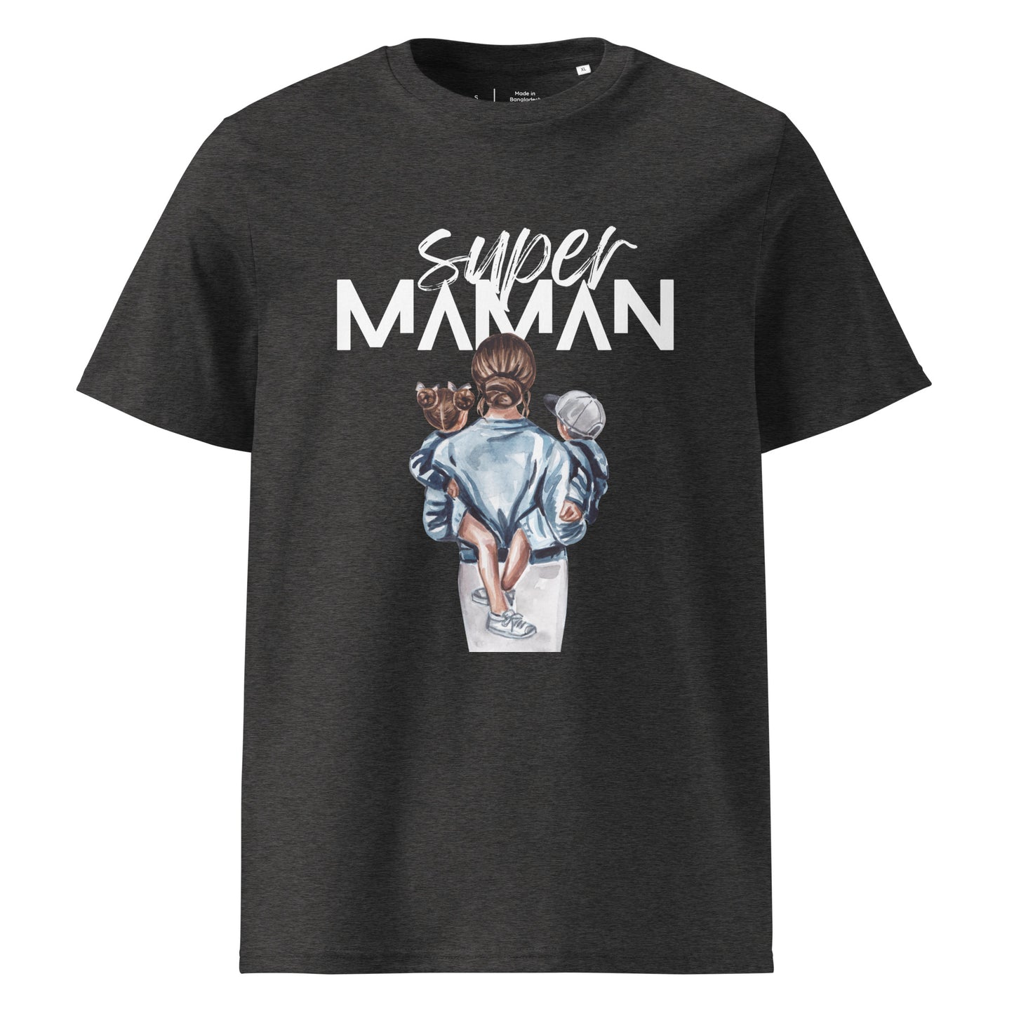 t-shirt gris foncé encolure ronde manche courte 100% coton bio avec inscription "super Maman" et dessin d'une maman de dos portant ses deux enfants dans les bras