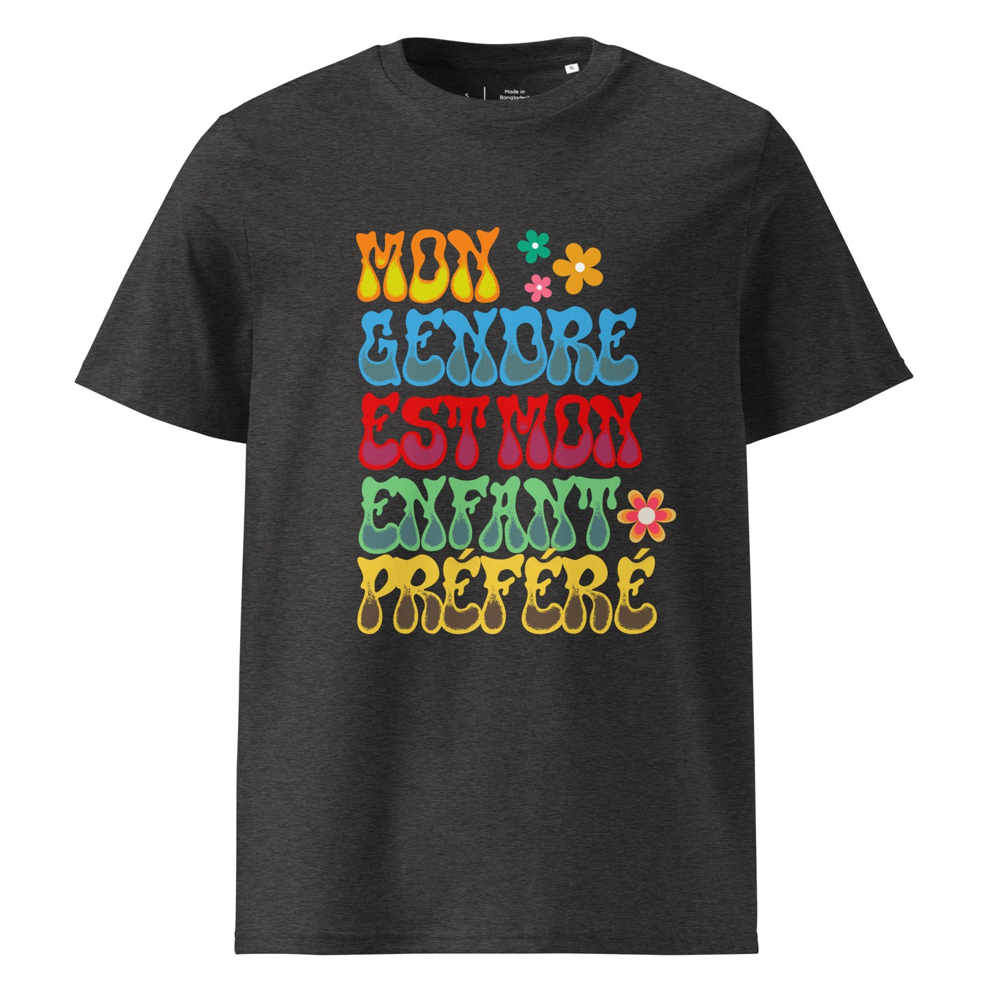 t-shirt de couleur gris foncé chiné 100% coton bio encolure ronde manche courte avec inscription colorée "mon gendre est mon enfant préféré"