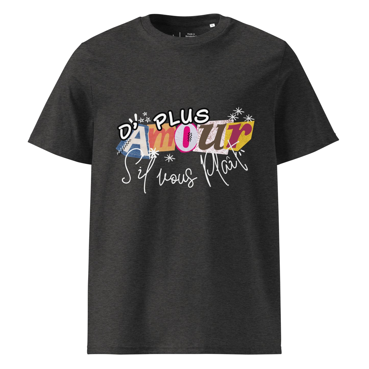 T-shirt de couleur gris foncé chiné encolure ronde manche courte 100& coton avec Inscription "plus d'amour s'il vous plaît"