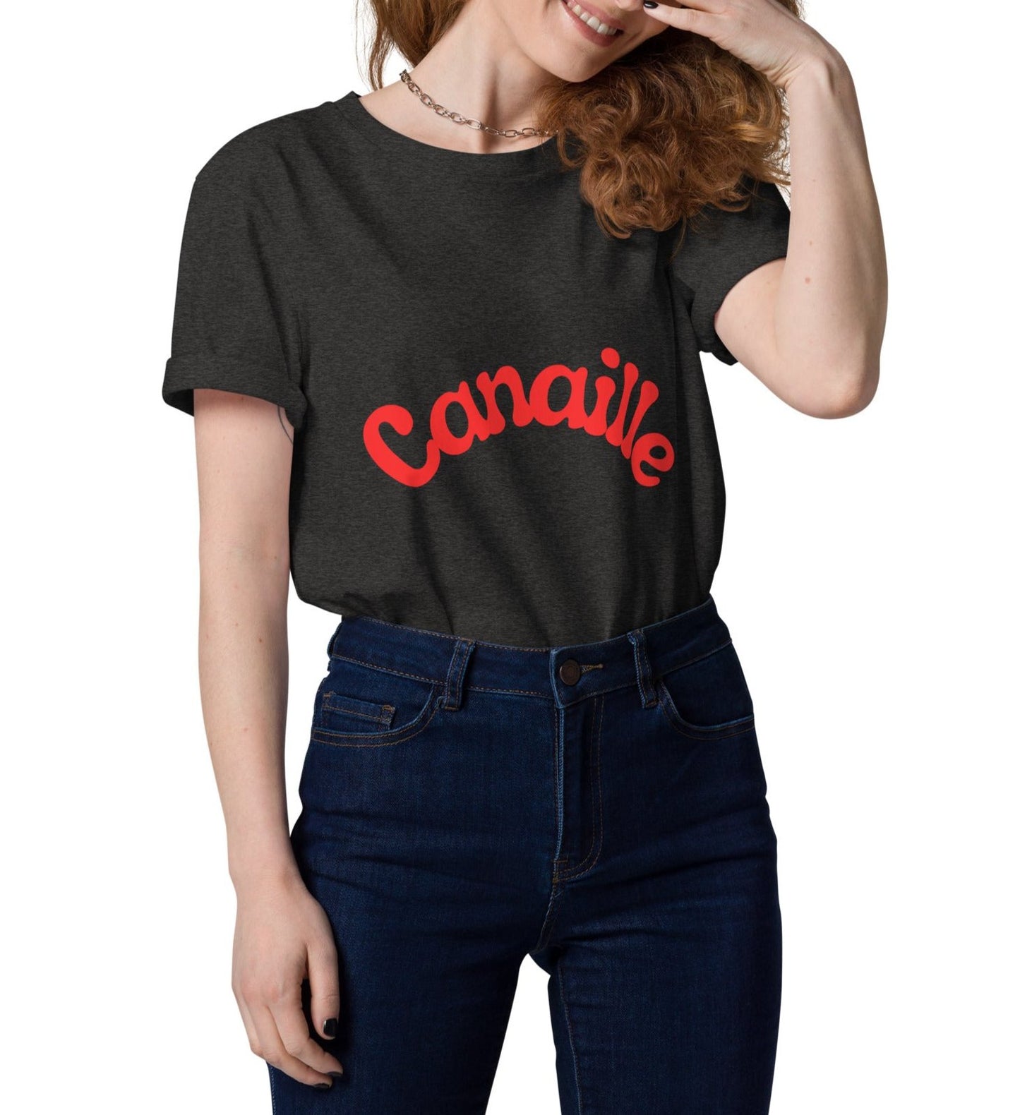 t-shirt unisexe gris chiné foncé col rond manche courte avec inscription : "Canaillou"