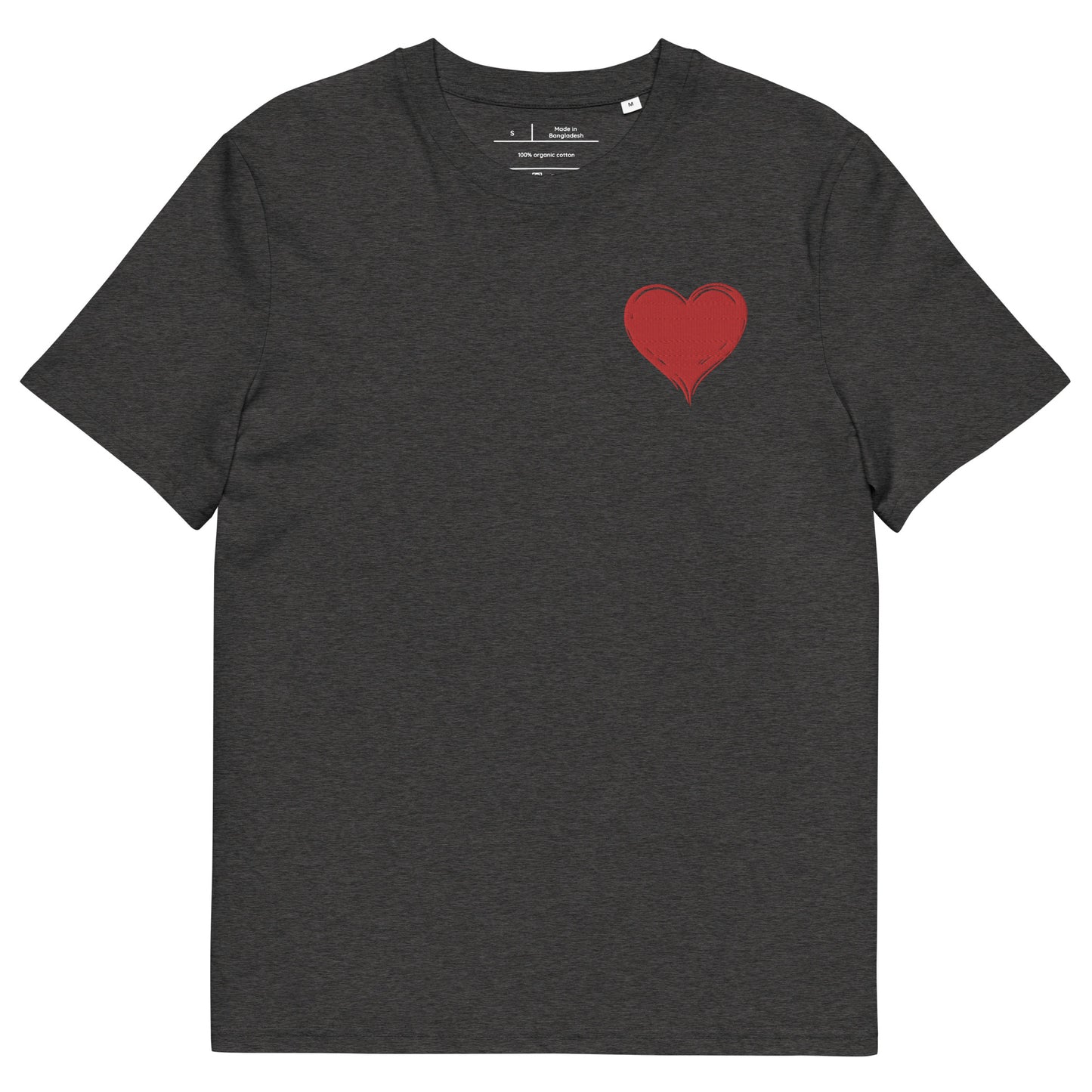 t-shirt gris chiné foncé col rond manche courte 100% coton bio avec un cœur rouge brodé
