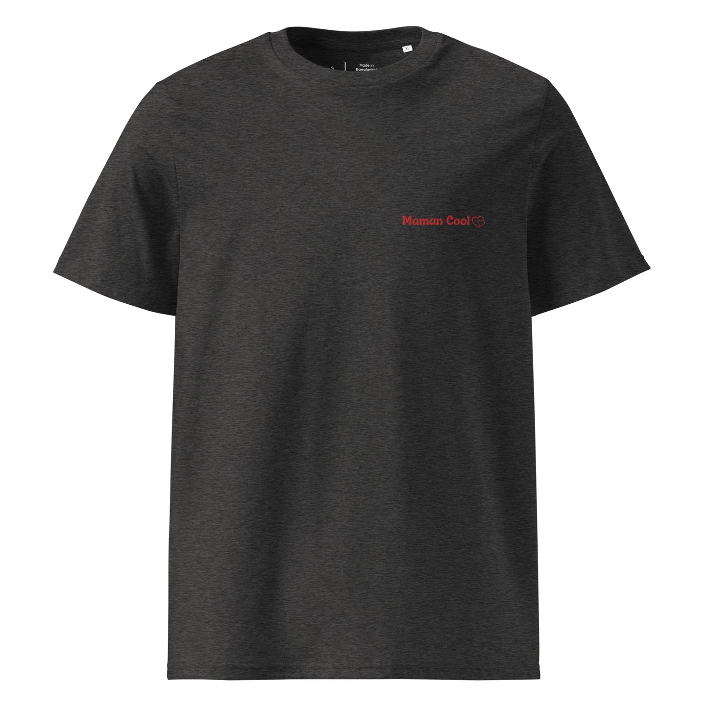 t-shirt gris chiné foncé col rond manche courte 100% coton bio avec inscription brodé "maman cool"