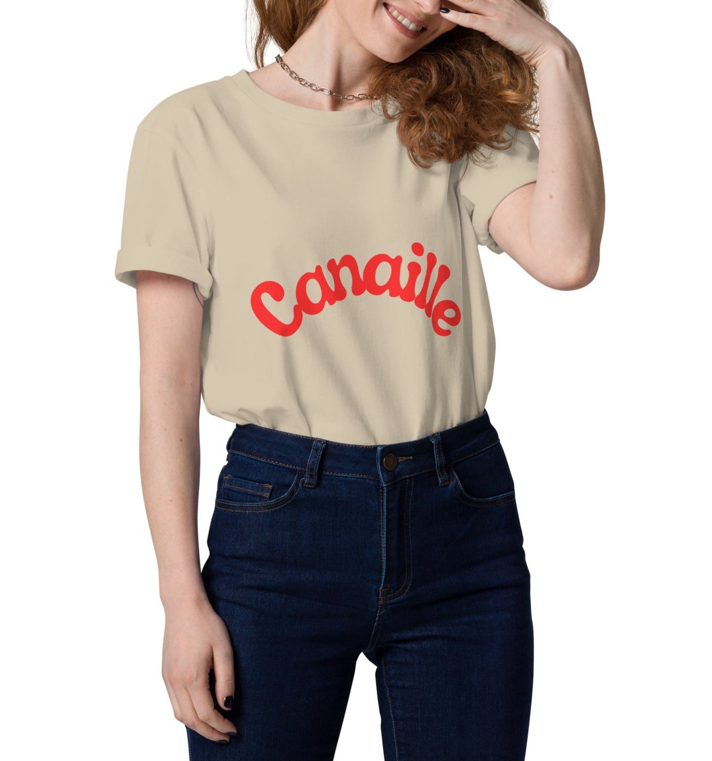 t-shirt unisexe beige col rond manche courte avec inscription : "Canaillou"