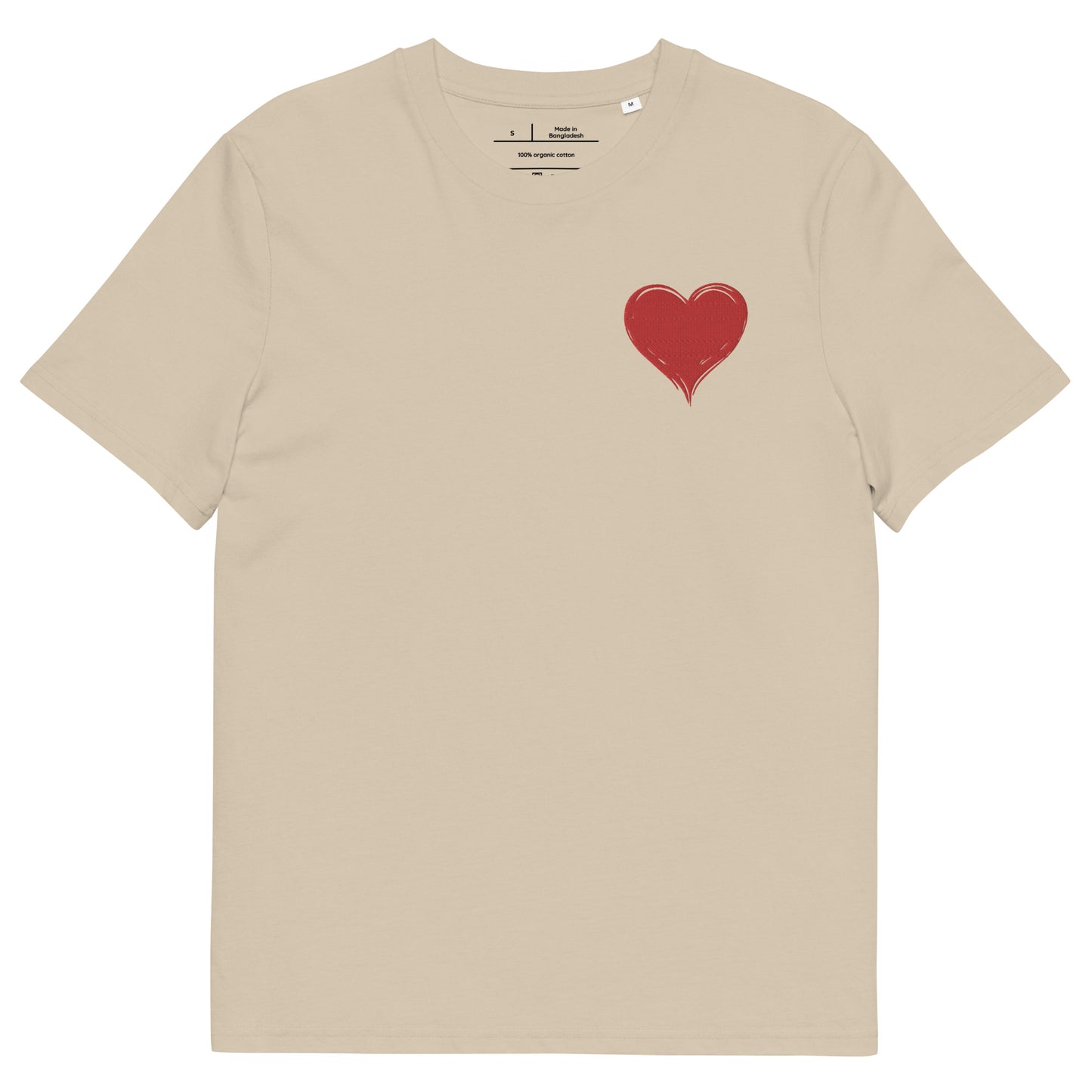 t-shirt beige col rond manche courte 100% coton bio avec un cœur rouge brodé