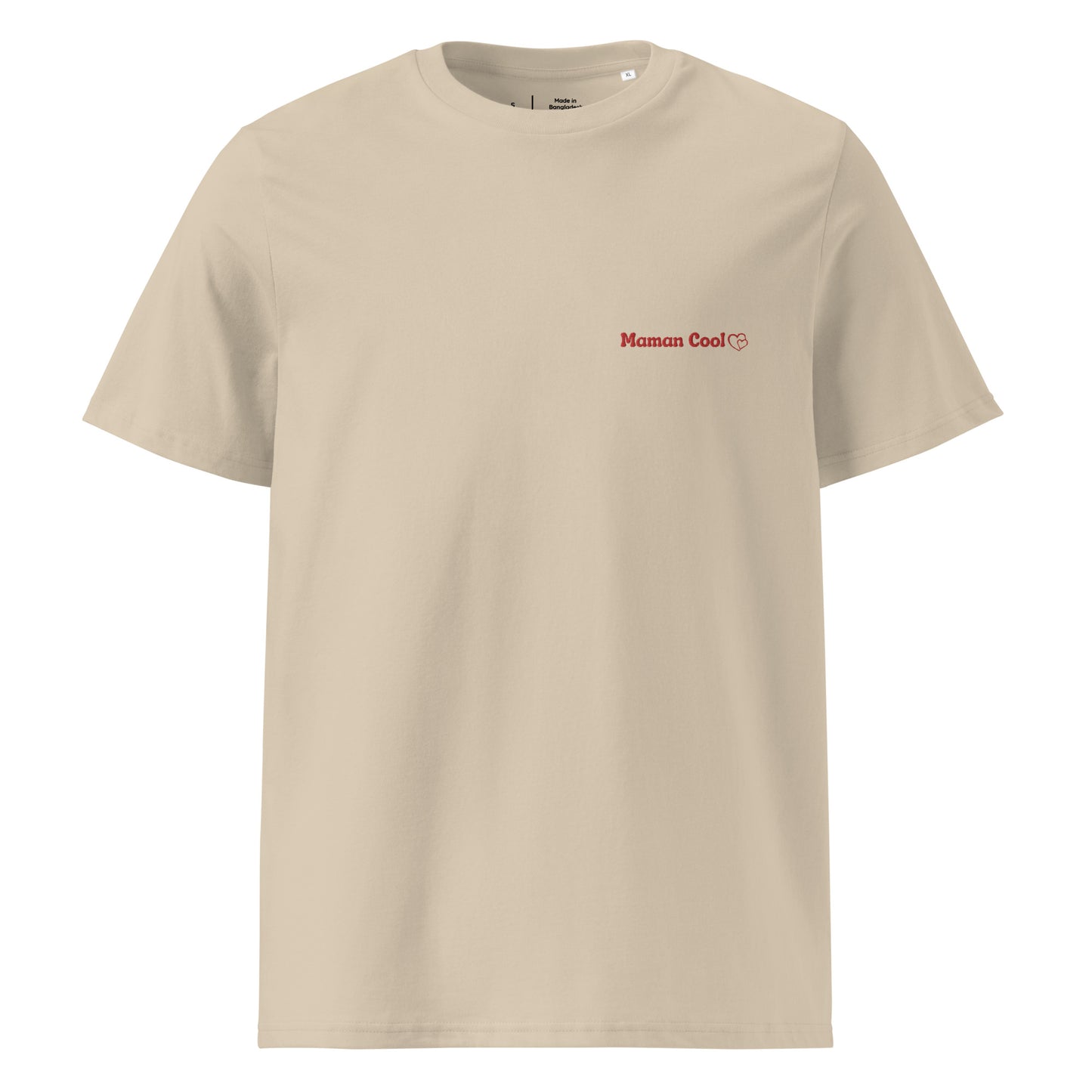 t-shirt beige col rond manche courte 100% coton bio avec inscription brodé "maman cool"