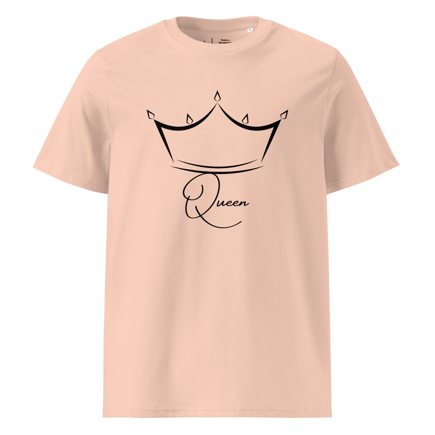 t-shirt Pêche encolure ronde manche courte 100% coton bio avec inscription Queen et le dessin d'une couronne