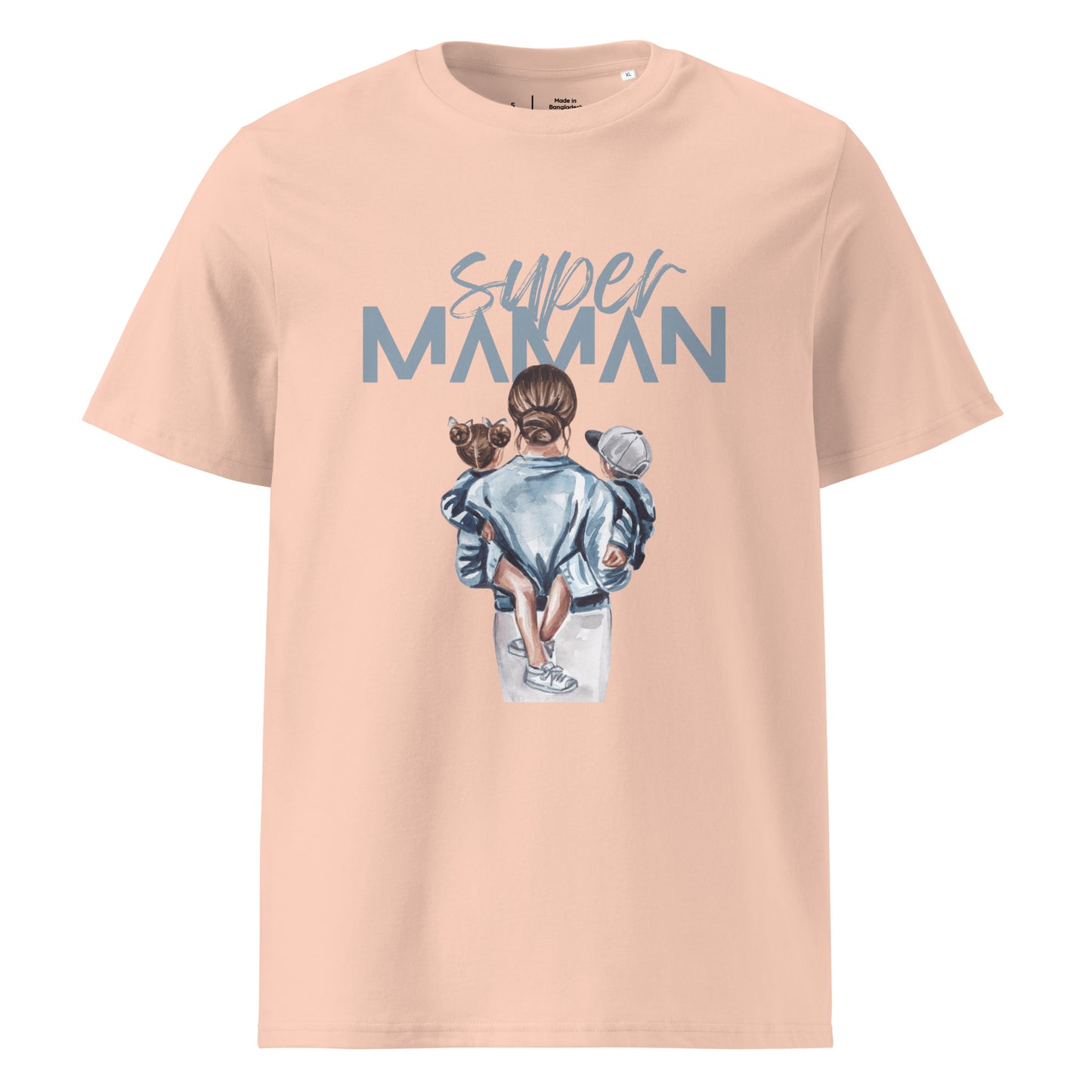 t-shirt pêche encolure ronde manche courte 100% coton bio avec inscription "super Maman" et dessin d'une maman de dos portant ses deux enfants dans les bras