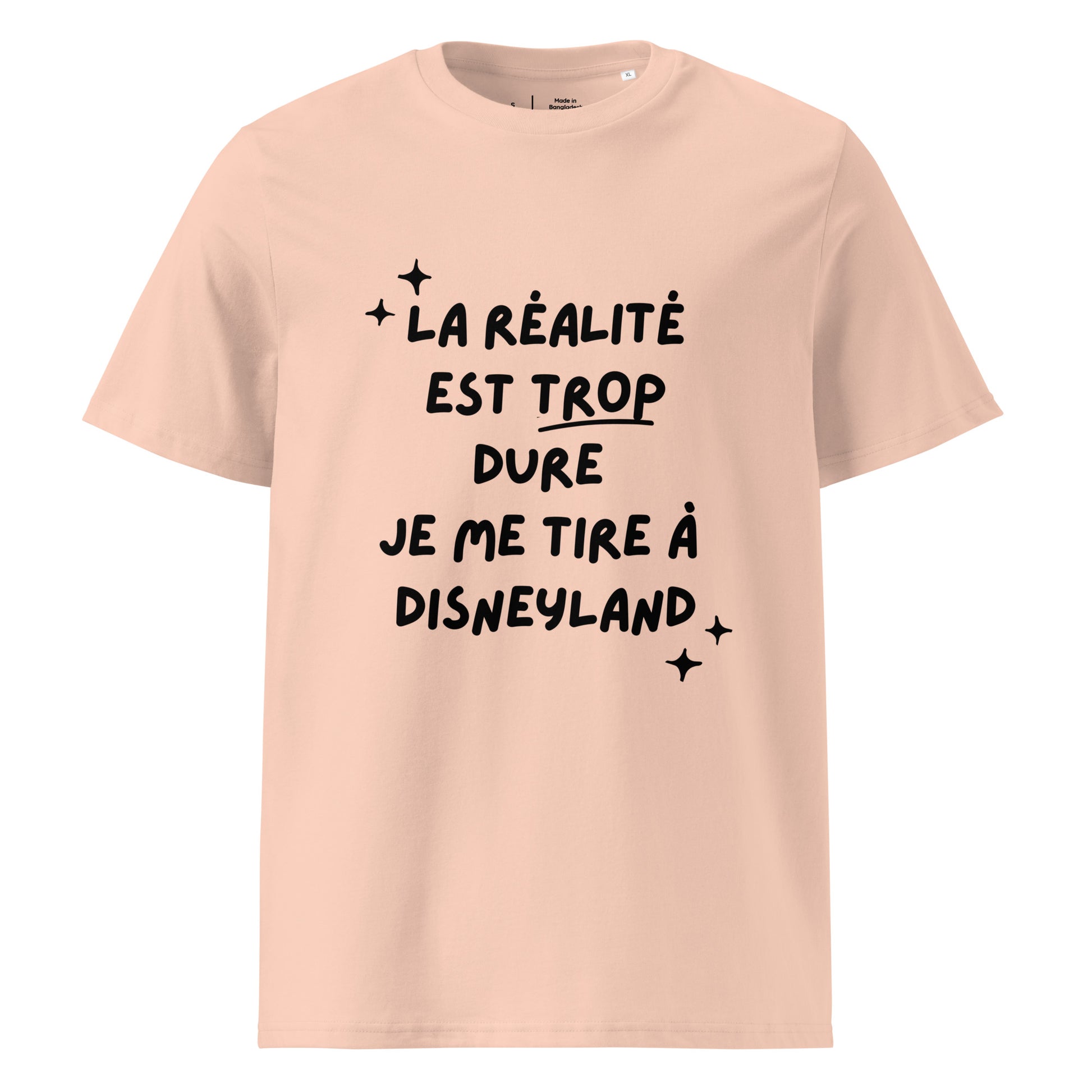t-shirt Pêche encolure ronde manche courte en 100% coton bio avec inscription La réalité est trop dure je me tire à disneyland