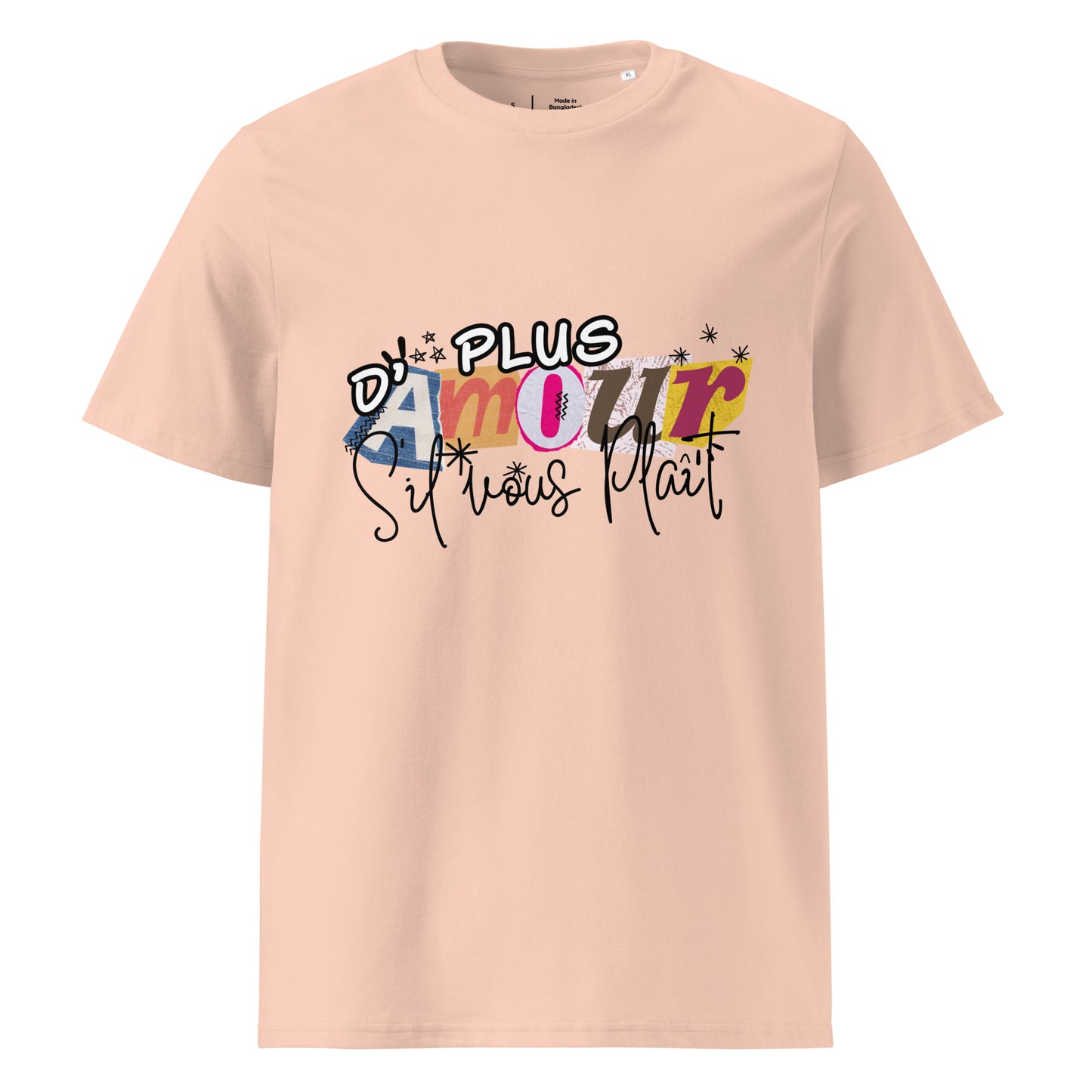 T-shirt de couleur pêche encolure ronde manche courte 100& coton avec Inscription "plus d'amour s'il vous plaît"