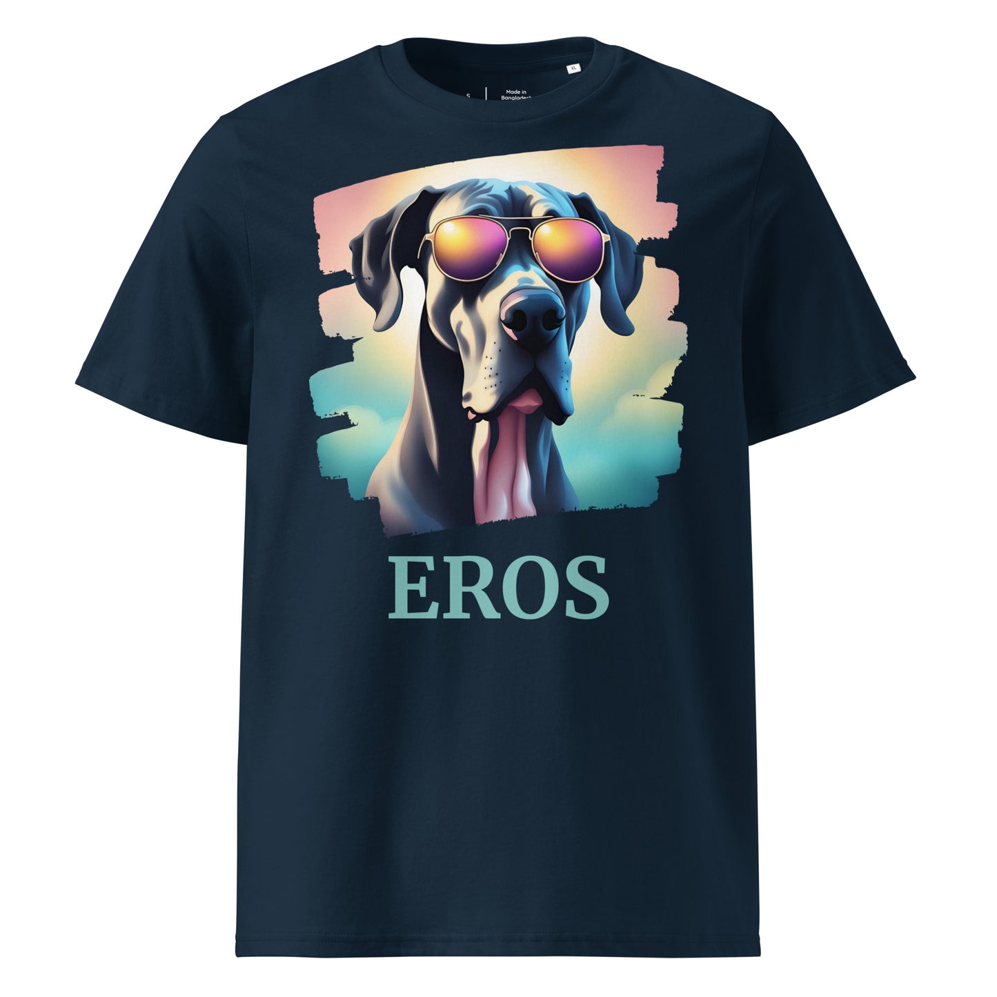 T-shirt adulte manche courte col rond de couleur noir avec comme dessin un dogue allemand, il est personnalisable avec le nom de votre chien