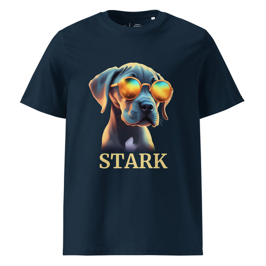 T-shirt de couleur bleu marine manche courte 100% coton bio avec comme dessin un bébé dogue allemand avec des lunettes avec personnalisation de mettre le nom de votre propre dogue