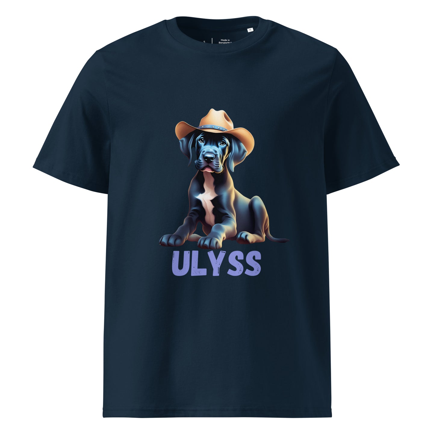  t-shirt de couleur bleu marine col rond mache courte en 100% coton bio avec un dessin de bébé dogue allemand avec un chapeau de cowboy sur la tête avec comme personnalisation le nom de votre dogue en dessous du dessin