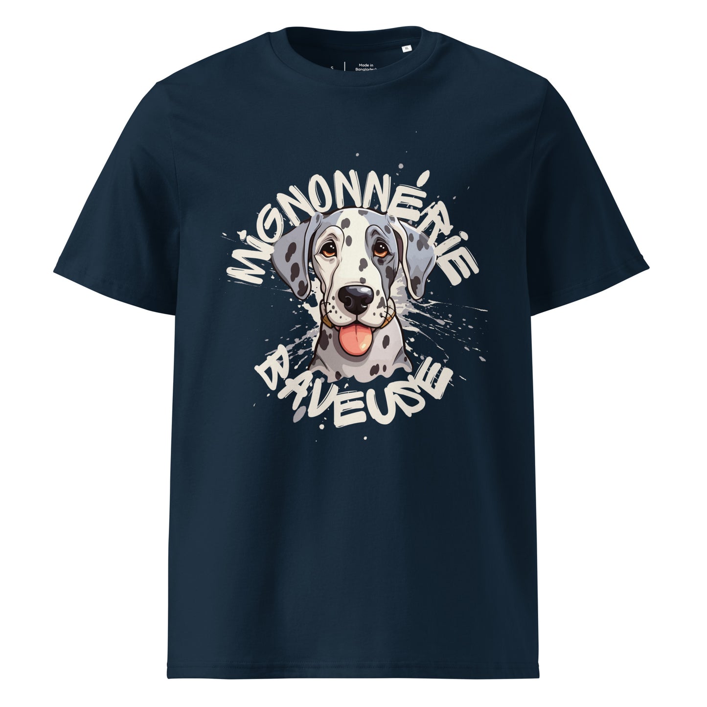 T-shirt de couleur bleu Marine encolure ronde et manche courte en 100% coton bio avec un dessin de Dogue Allemand Arlequin Avec écrit "Mignonnerie Baveuse"