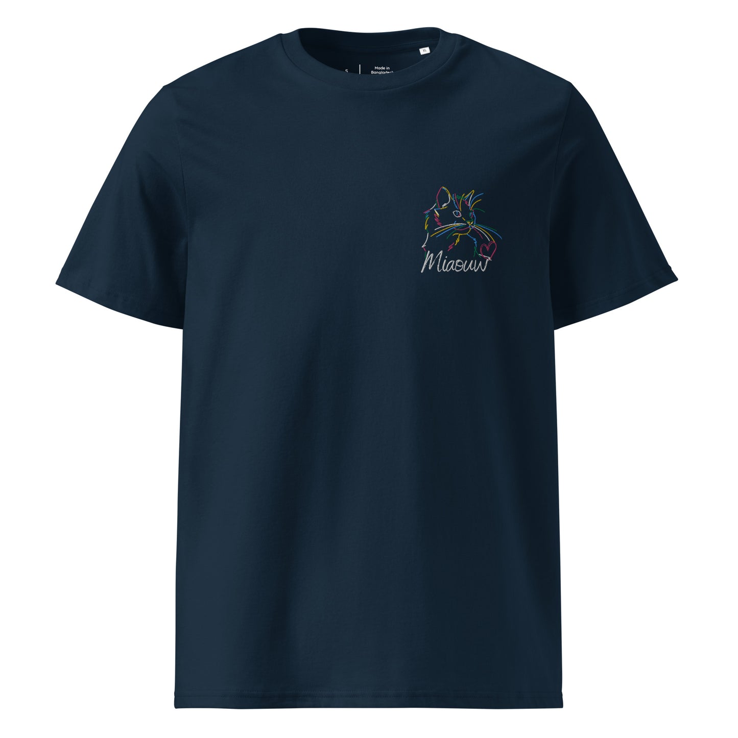 t-shirt bleu marine col rond manche courte avec broderie colorée de chat avec inscription miaouw