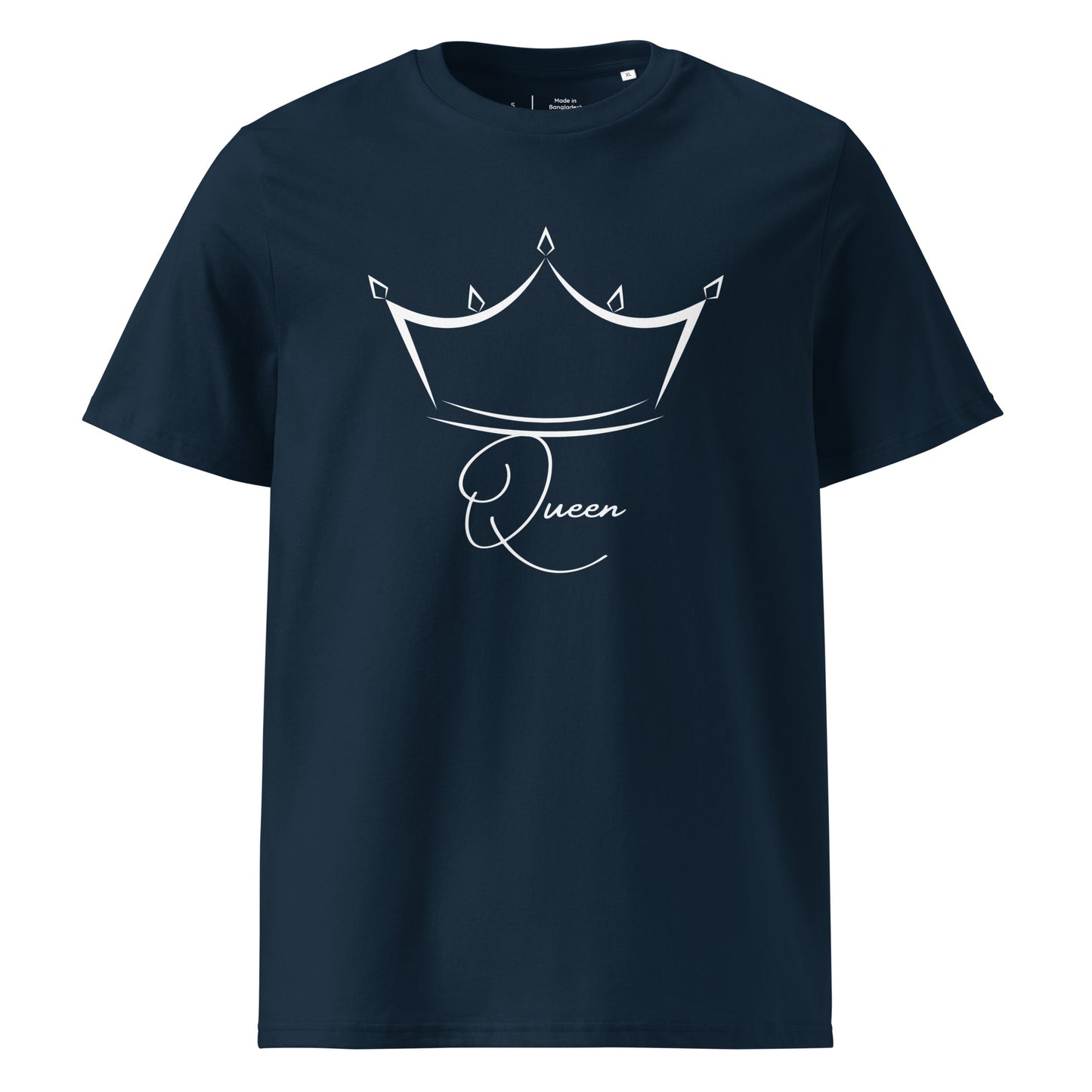 t-shirt Bleu Marine encolure ronde manche courte 100% coton bio avec inscription Queen et le dessin d'une couronne