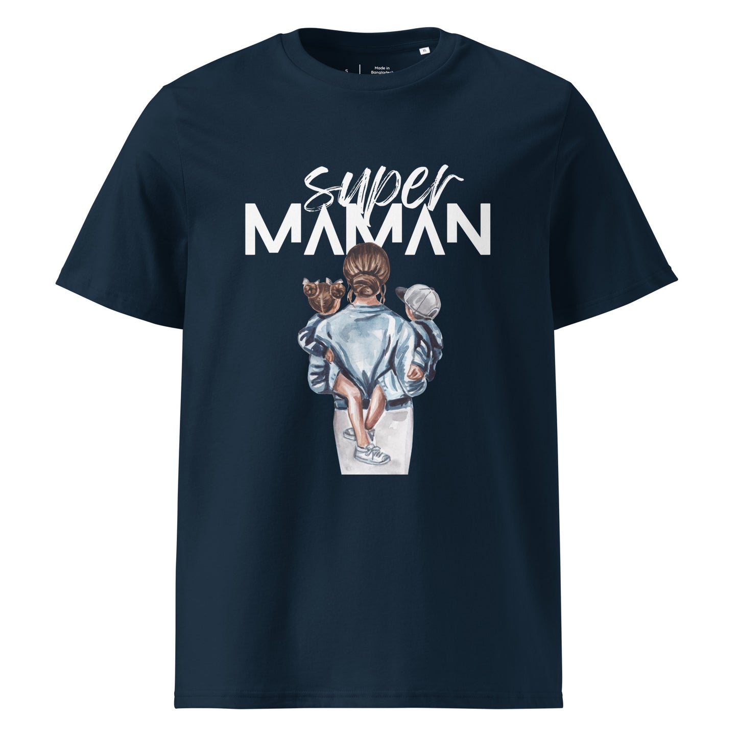 t-shirt bleu marine encolure ronde manche courte 100% coton bio avec inscription "super Maman" et dessin d'une maman de dos portant ses deux enfants dans les bras