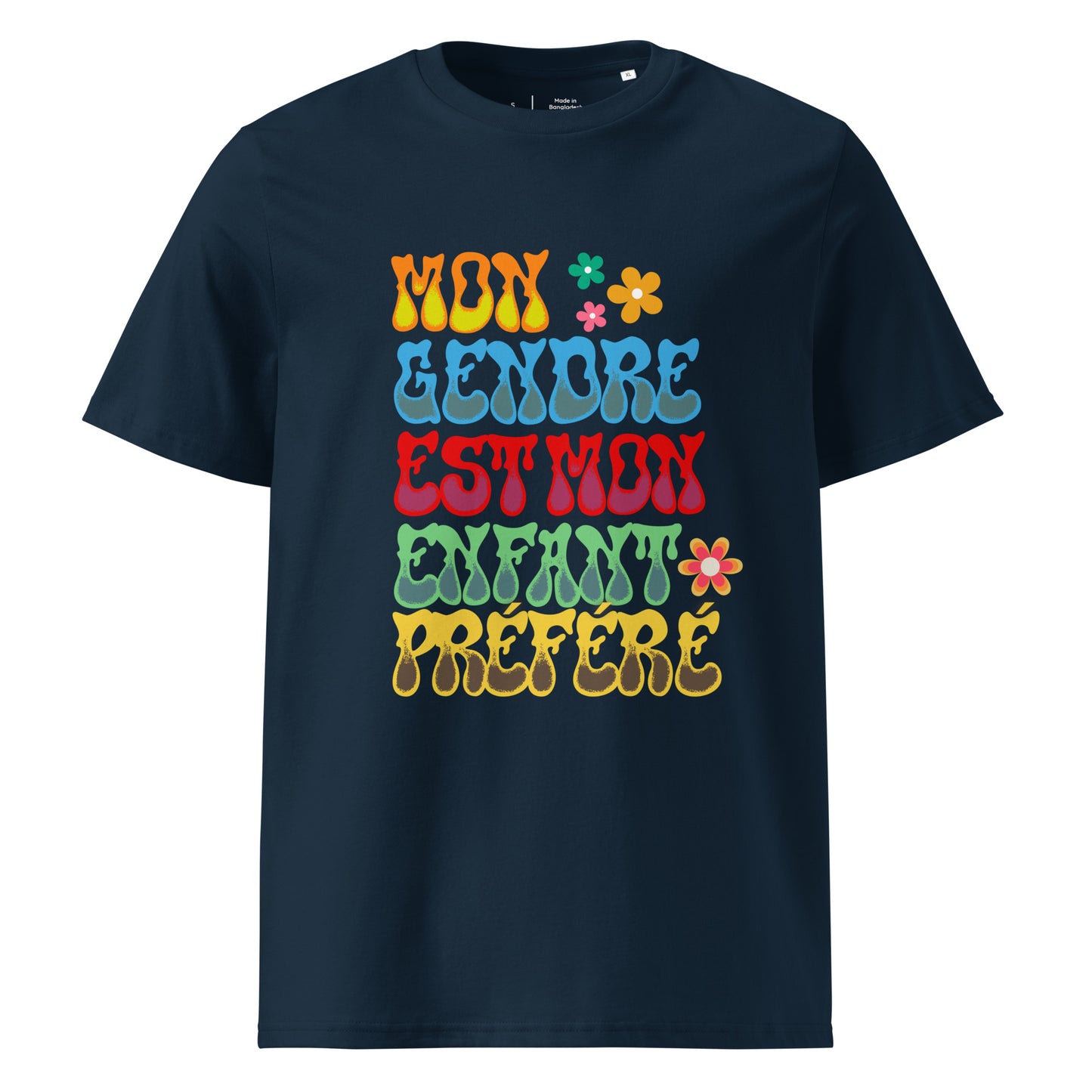 t-shirt de couleur bleu marine 100% coton bio encolure ronde manche courte avec inscription colorée "mon gendre est mon enfant préféré"