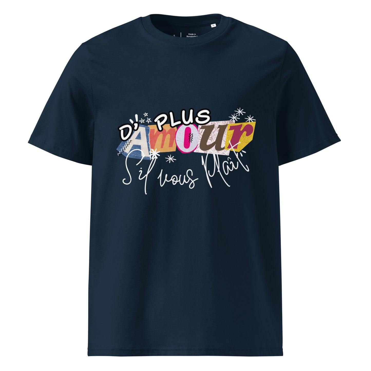 T-shirt de couleur bleu marine encolure ronde manche courte 100& coton avec Inscription "plus d'amour s'il vous plaît"