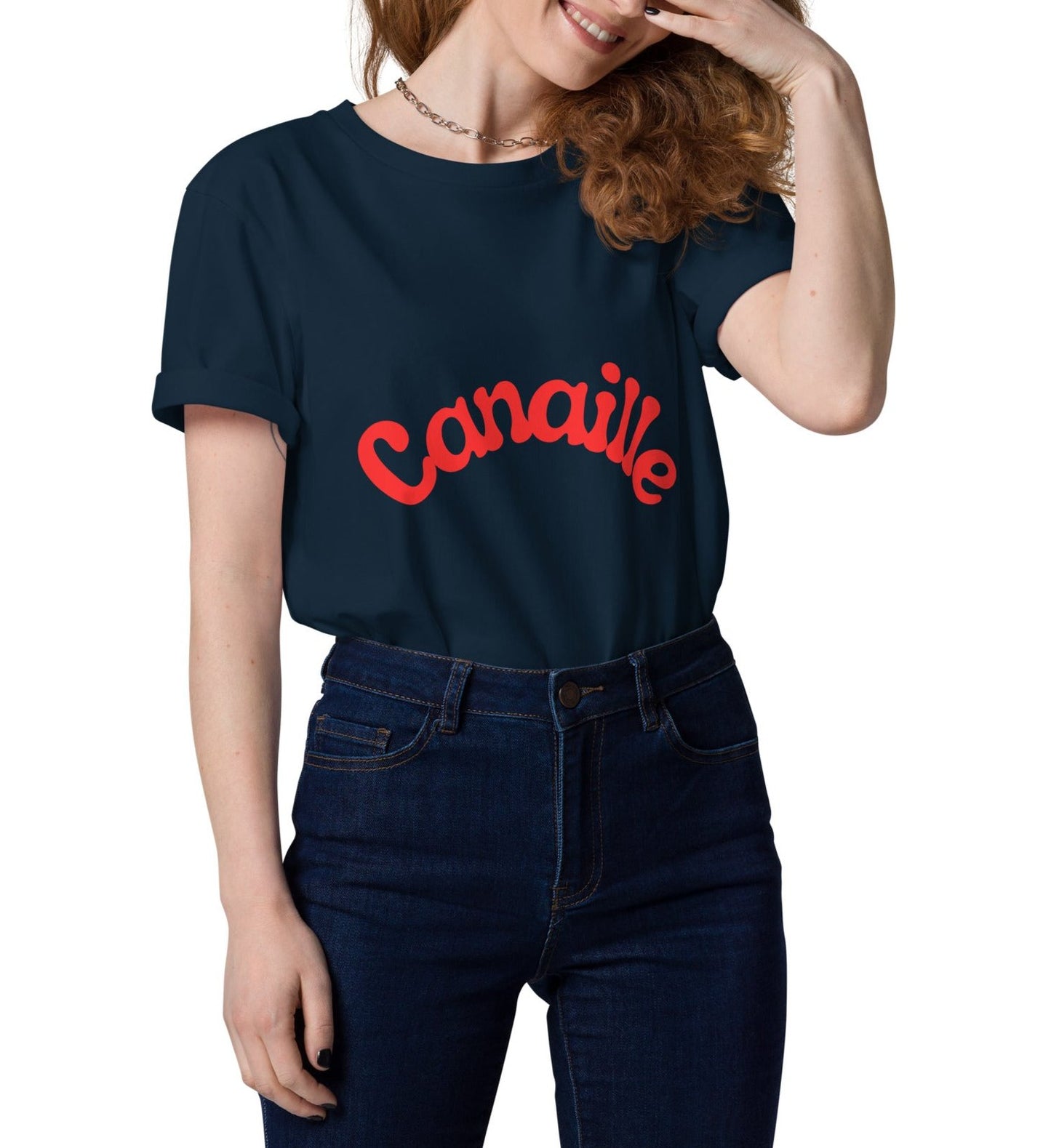 t-shirt unisexe bleu marine col rond manche courte avec inscription : "Canaillou"