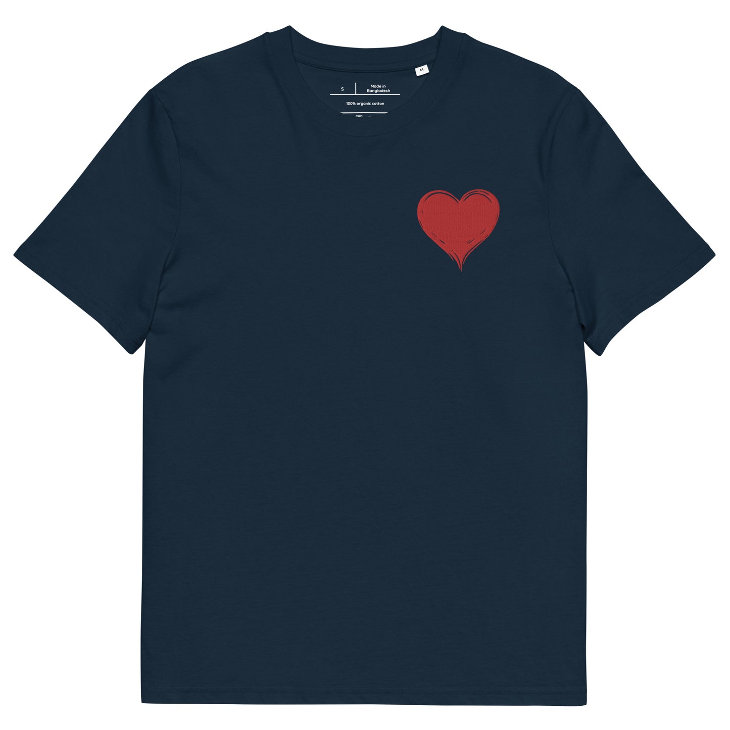 t-shirt bleu marine col rond manche courte 100% coton bio avec un cœur rouge brodé