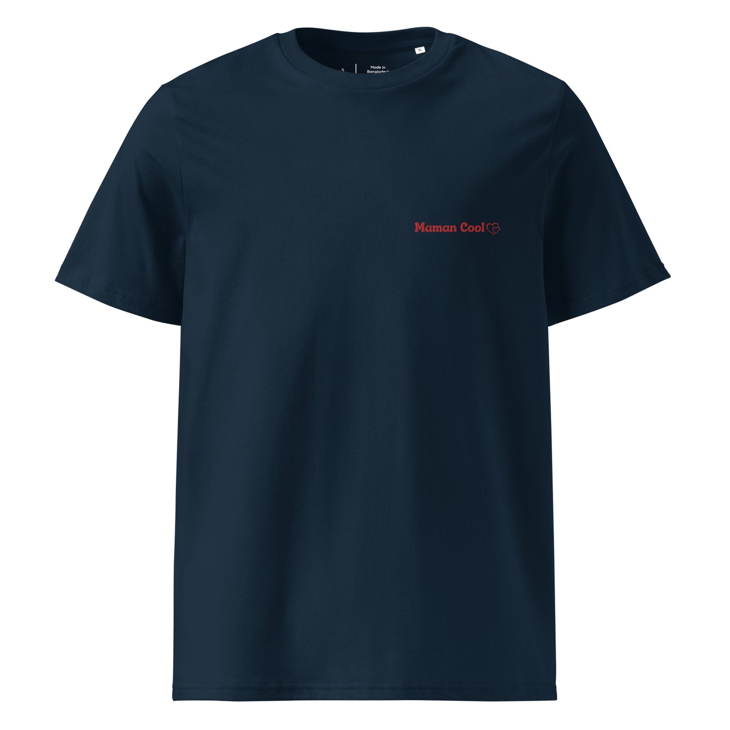 t-shirt bleu marine col rond manche courte 100% coton bio avec inscription brodé "maman cool"