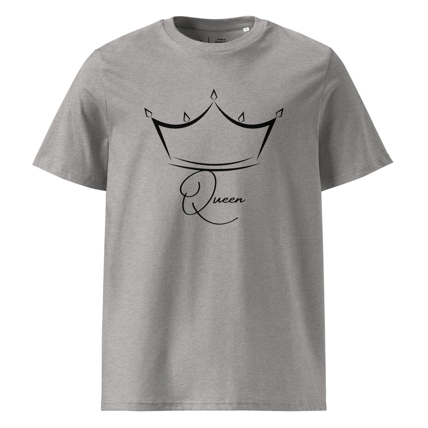 t-shirt gris clair encolure ronde manche courte 100% coton bio avec inscription Queen et le dessin d'une couronne