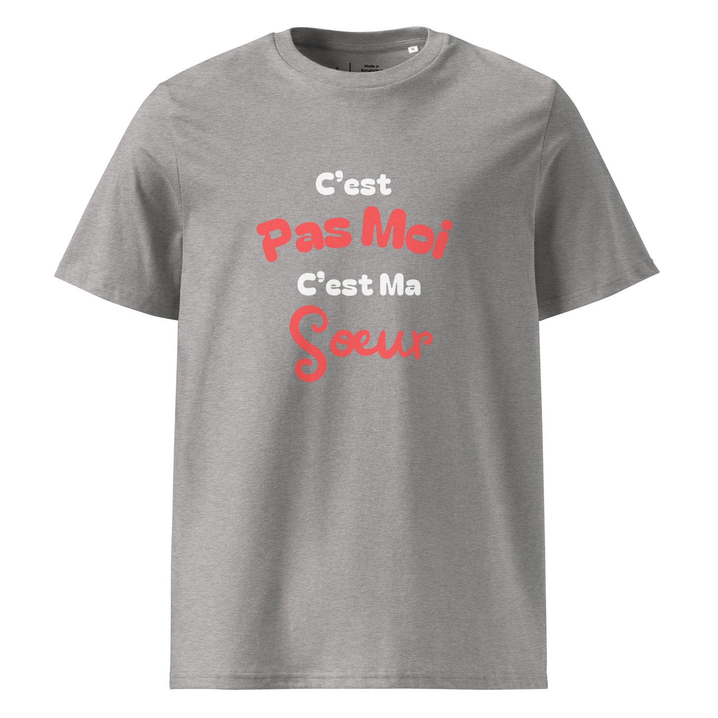 t-shirt gris clair chiné 100% coton bio manche courte col rond avec inscription "C'est pas moi c'est ma sœur" 