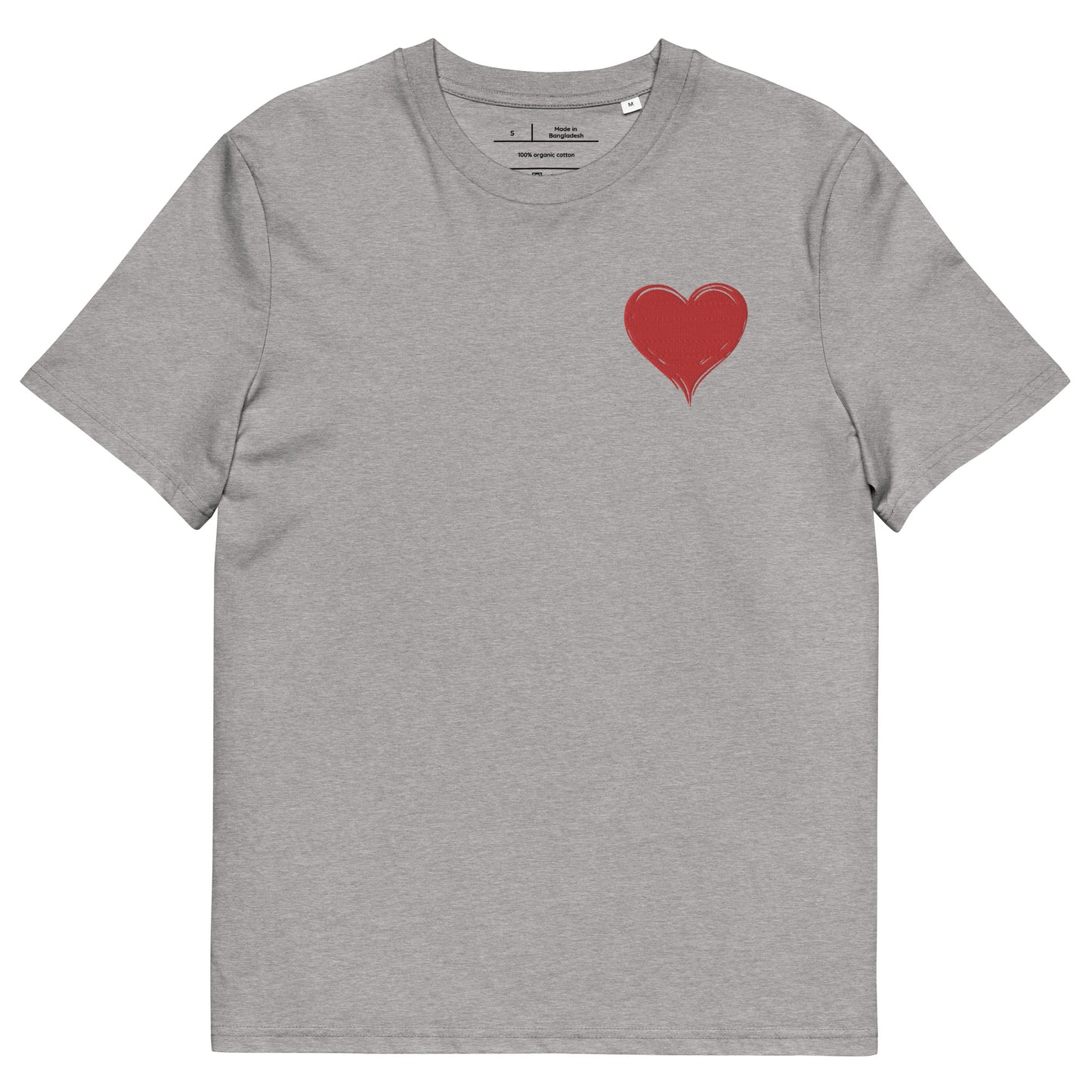 t-shirt gris chiné clair col rond manche courte 100% coton bio avec un cœur rouge brodé