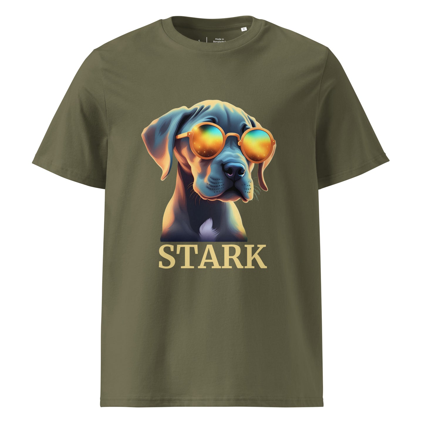 T-shirt de couleur kaki manche courte 100% coton bio avec comme dessin un bébé dogue allemand avec des lunettes avec personnalisation de mettre le nom de votre propre dogue