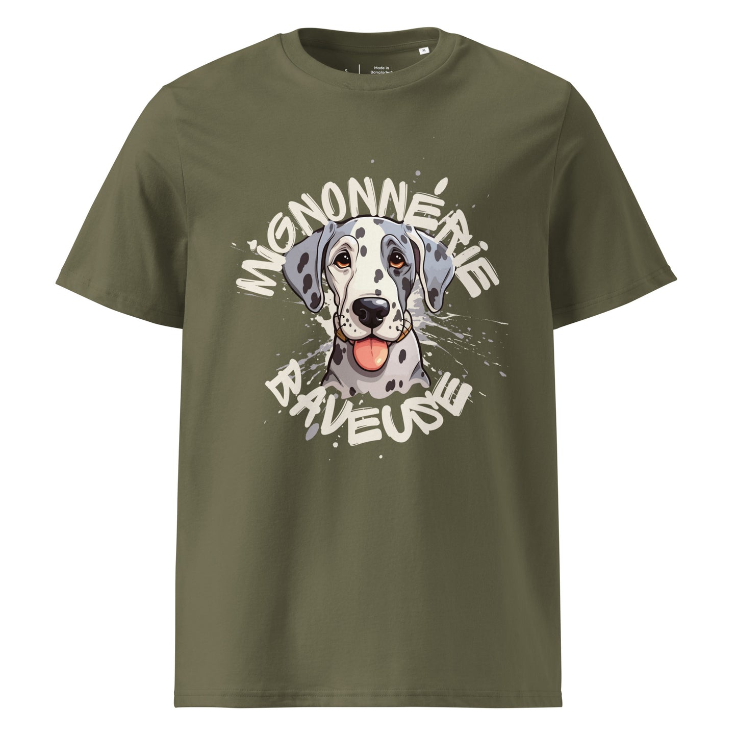 T-shirt de couleur kaki encolure ronde et manche courte en 100% coton bio avec un dessin de Dogue Allemand Arlequin Avec écrit "Mignonnerie Baveuse"