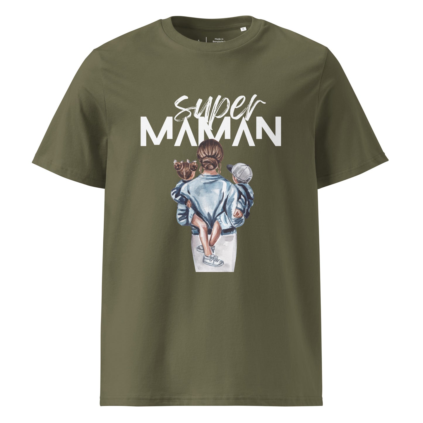 t-shirt kaki encolure ronde manche courte 100% coton bio avec inscription "super Maman" et dessin d'une maman de dos portant ses deux enfants dans les bras