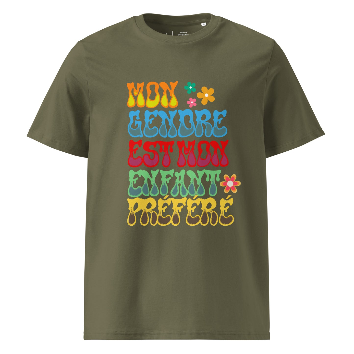 t-shirt de couleur kaki 100% coton bio encolure ronde manche courte avec inscription colorée "mon gendre est mon enfant préféré"