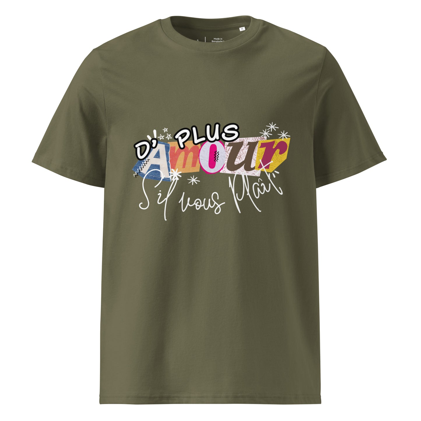 T-shirt de couleur kaki encolure ronde manche courte 100& coton avec Inscription "plus d'amour s'il vous plaît"