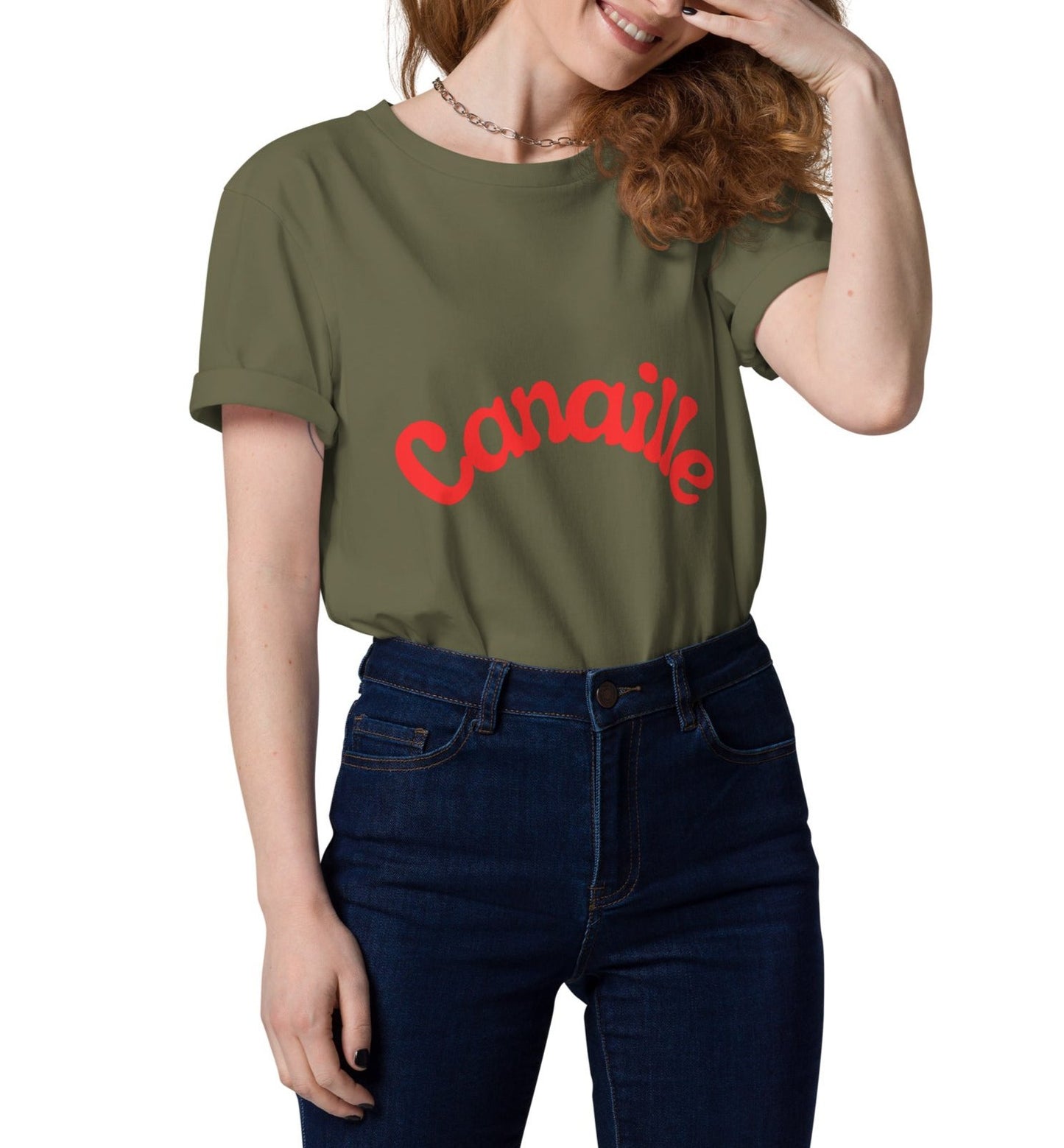 t-shirt unisexe kaki col rond manche courte avec inscription : "Canaillou"