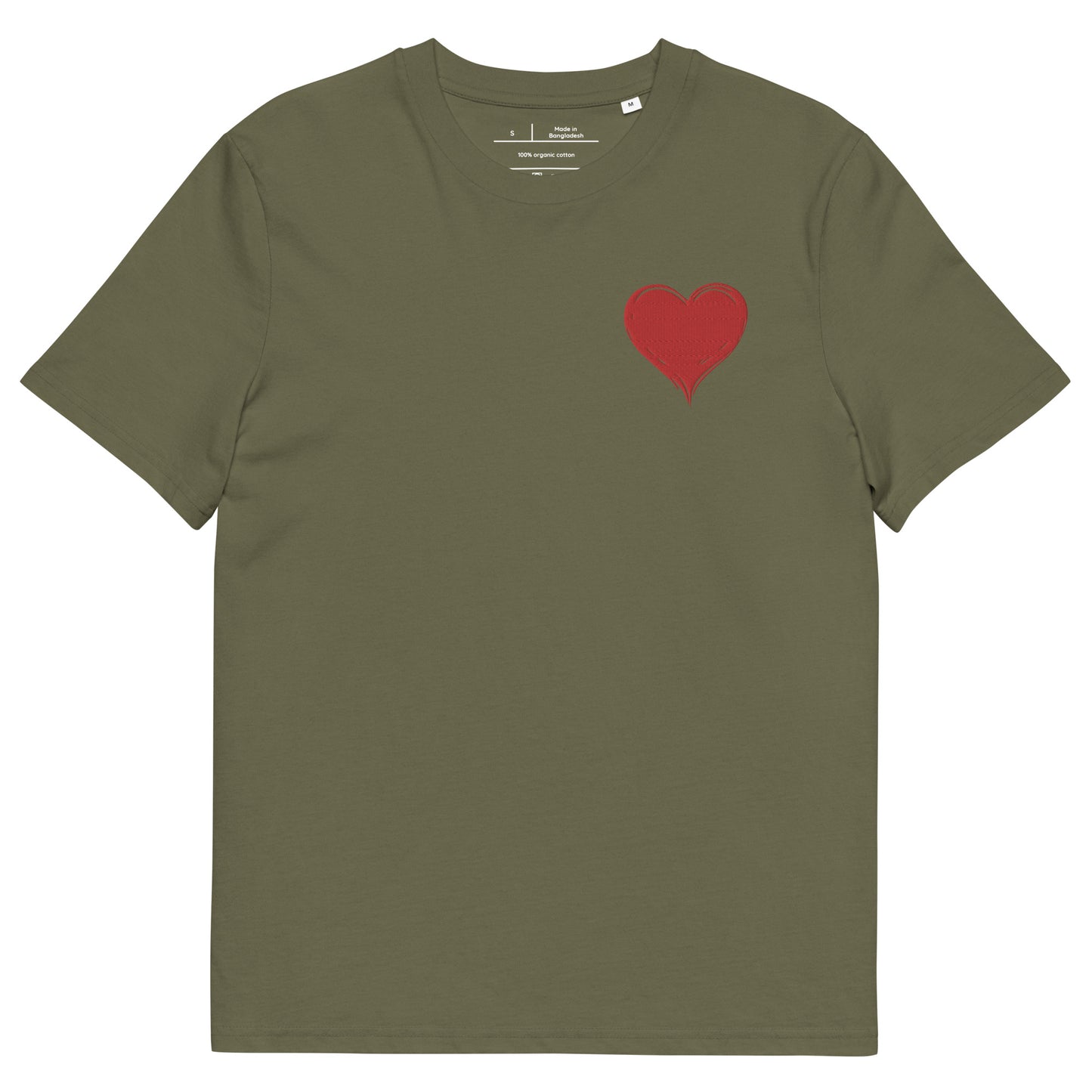 t-shirt kaki col rond manche courte 100% coton bio avec un cœur rouge brodé